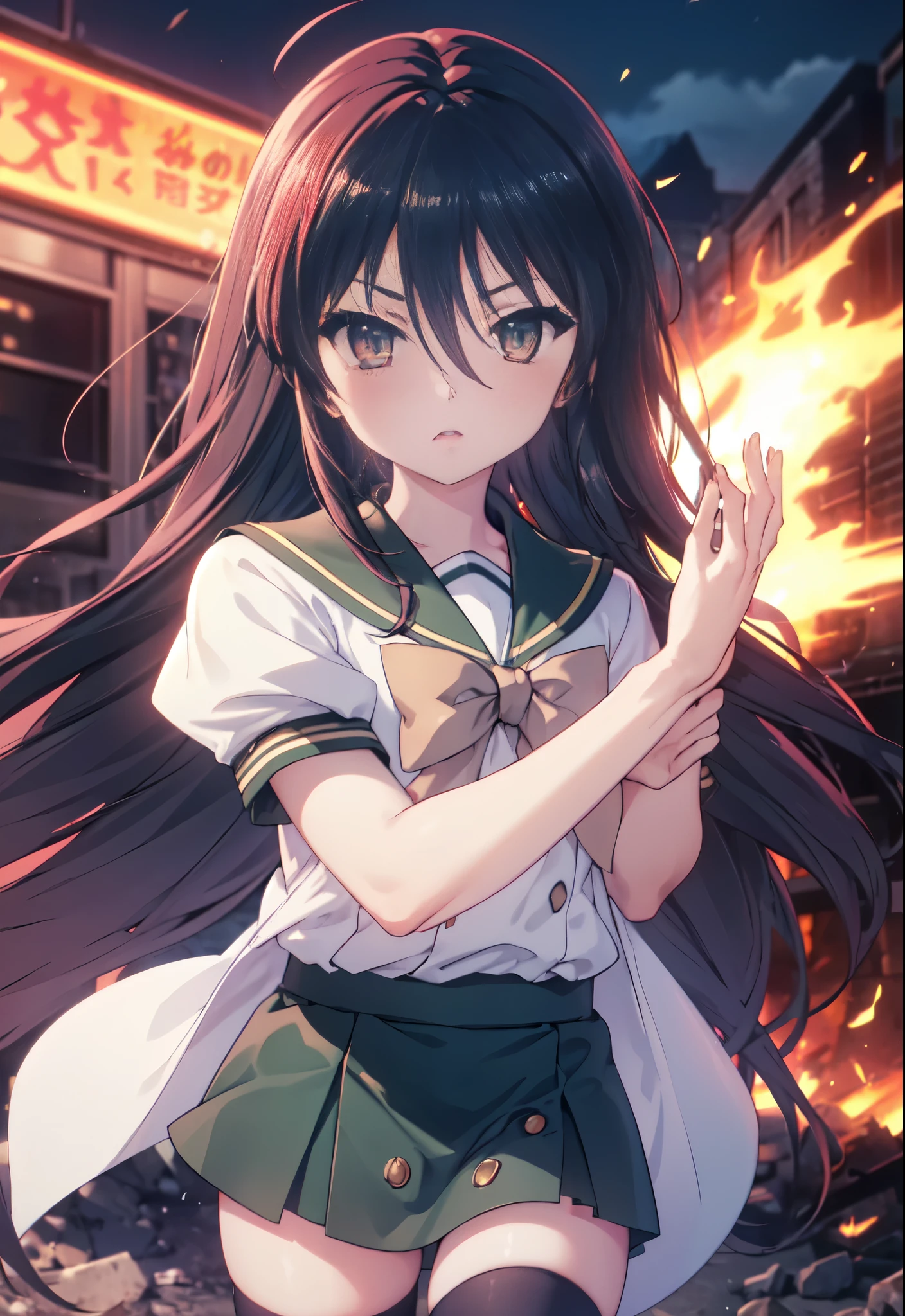 1 girl, cowboy shot, rubble ruins, anger, (battle preparation:1.2), open your mouth, (night:1.2), explosive inflammation,shana, red eyes, redhead, very long hair, hair between eyes, (Ahoge:1.1), , , serafuku, white shirt, short sleeve, green skirt, Thighhighs, Black Rider Suit,Grasp the grip of a Japanese sword engulfed in flames with both hands.。.,highest quality, (masterpiece:1.2), highest quality, High resolution, unity 8k wallpaper, (shape:0.8), (beautiful and detailed eyes:1.6), highly detailed face, perfect lighting, Very detailed CG, (perfect hands, perfect anatomy),