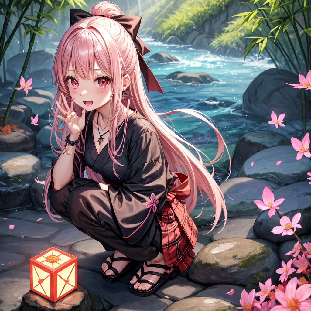 pink black blonde、red eyes、one good looking girl、solo、anime、plaid mini skirt、black camisole、black t-shirt、kimono、wearing a ribbon、ribbon at waist、stone slabs are piled up、crystal earrings、jewelry necklace、Light and shadow、walking、clock、universe、vine plant、petal、tilting one&#39;s face、teeth are visible、fire spirit、book of magic、Cube、bamboo forest、lava、Plum blossom、squatting down