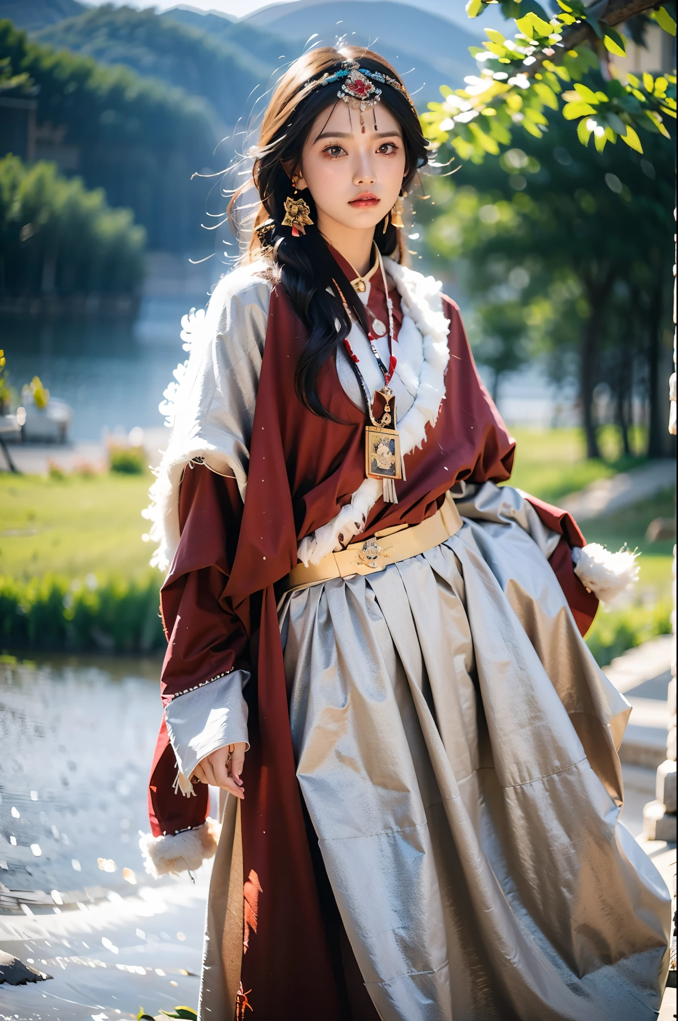 (masterpiece, best quality:1.2),1girl, black hair, blurry background, brown eyes, depth of field,Tibetan clothing,Chinese Tibetan clothing,Tibetan girl ,Tibetan headwear,(Grey half body Tibetan robe:1.2),Tibetan Earrings,Tibetan jewelry,valiant and heroic in bearing, earrings, jewelry, lips, long hair, looking at viewer, motion blur, solo, 