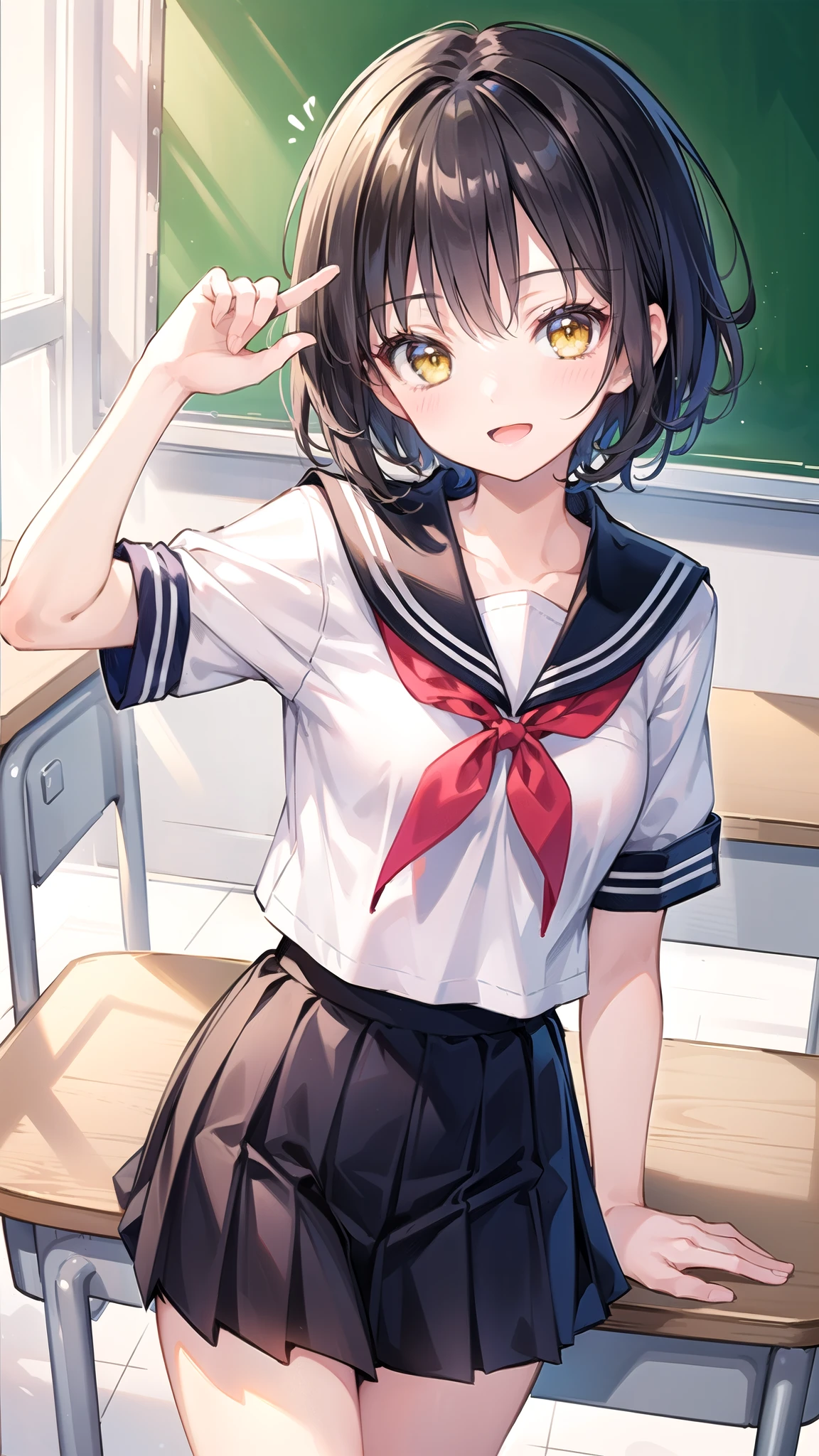(masterpiece)、(highest quality)、(Super detailed)、(beautiful illustrations)、(pretty girl)、(Better fingers)、1 girl、From above、looking at the camera、black hair、short hair、yellow eyes、Detailed sailor suit、red ribbon、short sleeve、pleated skirt、school classroom、cute smile、wink、Thinly opened mouth、16 years old、