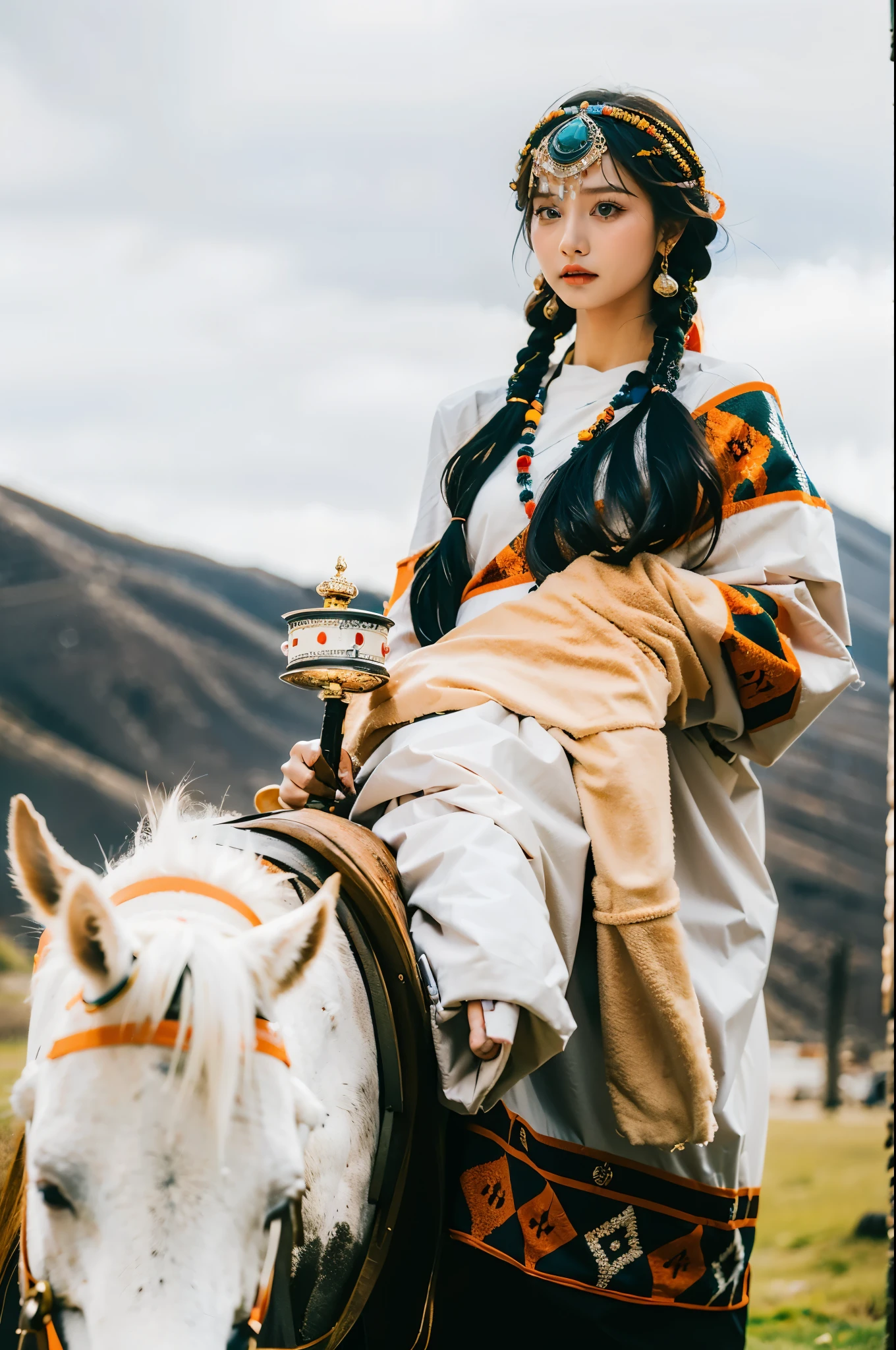 (masterpiece, best quality:1.2),1girl,horse, black hair, blurry background, brown eyes, depth of field, desert,Chinese Tibetan clothing,Silver Tibetan prayer wheel,Tibetan headwear,Tibetan Earrings,White half body Tibetan robe,Tibetan jewelry,Blue and white Tibetan clothing,Tibetan girl , jewelry, lips, necklace, outdoors, photo \(medium\), red lips, solo,Holding a Tibetan prayer wheel in hand