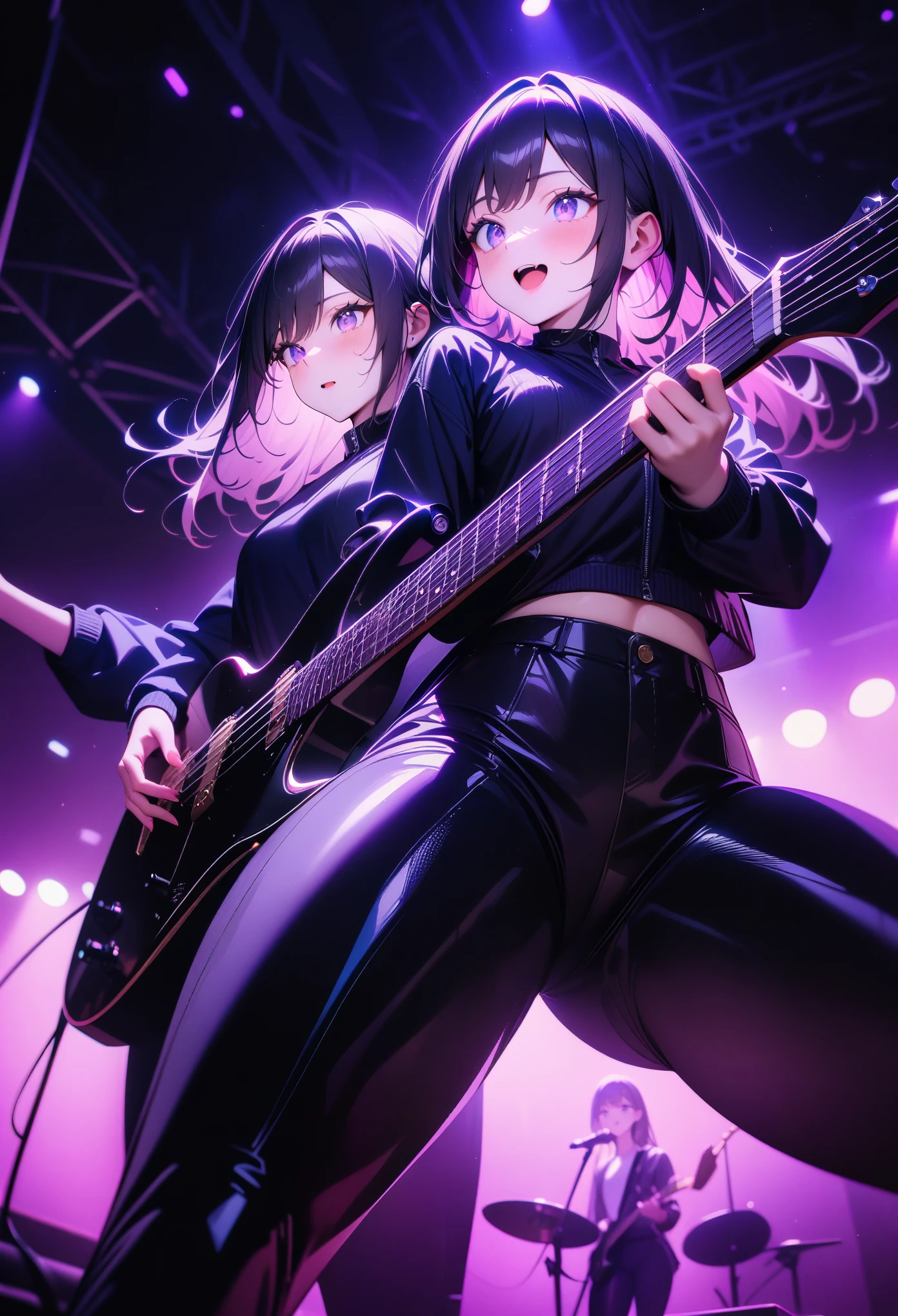 2girls, (back-to-back), playing electric guitar, jacket, tight pants, excited, flexible, cute eyes, from below, black lighting, music stage, purple light, masterpiece, best quality, very aesthetic, newest, safe, absurdres, intricate details, exquisite textures, ultra realistic illustration, (ai-generated:0.6)