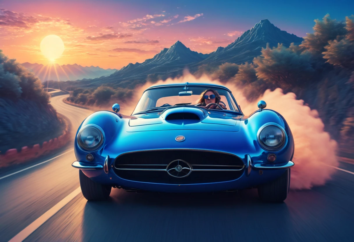 (best quality, highres), Marija,stunning and magical woman driving a mgical old racing car, magical sunset, vaporwave old school racing car, on the road, speed,  in blue tones, zentangle, 3d crunch, cinematic,
