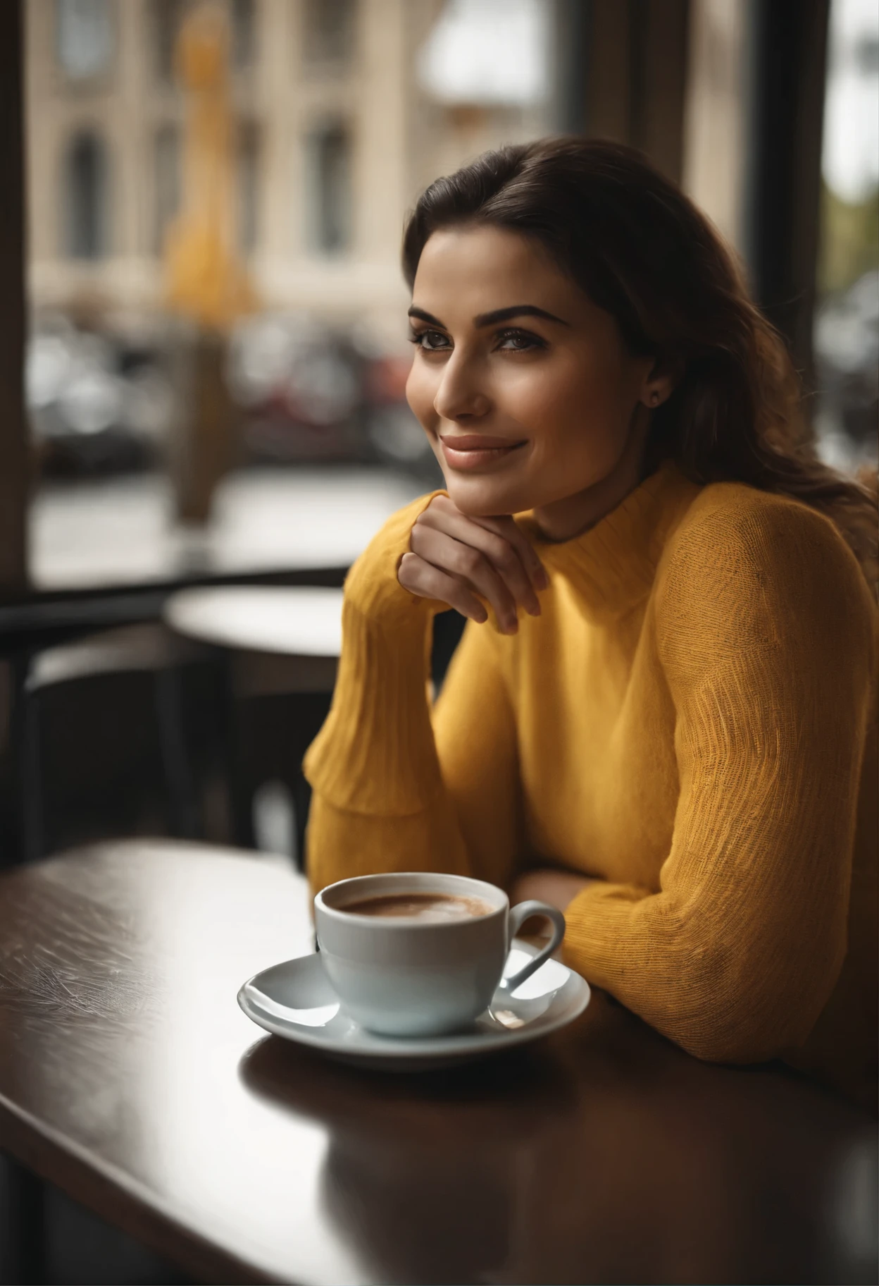 Beautiful and cute brunette in yellow sweater (Drink coffee in a modern cafe at dawn ), muito detalhado, 38 anos, Rosto  cabelos pretos, longos, naturalmente ondulados, high resolution black eyes, obra-prima, better is quality , Detalhes intrincados, muito detalhado, sharp focus, Pele detalhada, morena de pele realista, textura, Olhos  pretos detalhados, Profissional, 4K, sorriso encantador, tirada com Canon, 85mm, Profundidade de campo leve, Kodak vision, Corpo perfeitamente ajustado, Extremamente detalhado, fotografia_\(Ultra\), fotorealista, realista, Post-processing, maximum details, Rugosidade, vida real, ultrarrealista, fotografiarrealismo, fotografia, 8k hd, fotografia