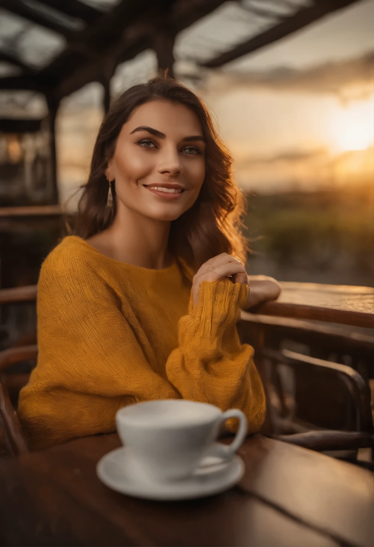 Beautiful and cute brunette in yellow sweater (Drink coffee in a modern cafe at dawn ), muito detalhado, 38 anos, Rosto cabelos pretos, longos, naturalmente ondulados, high resolution black eyes, obra-prima, better is quality , Detalhes intrincados, muito detalhado, sharp focus, Pele detalhada, morena de pele realista, textura, Olhos pretos detalhados, Profissional, 4K, sorriso encantador, tirada com Canon, 85mm, Profundidade de campo leve, Kodak vision, Corpo perfeitamente ajustado, Extremamente detalhado, fotografia_\(Ultra\), fotorealista, realista, Post-processing, maximum details, Rugosidade, vida real, ultrarrealista, fotografiarrealismo, fotografia, 8k hd, fotografia