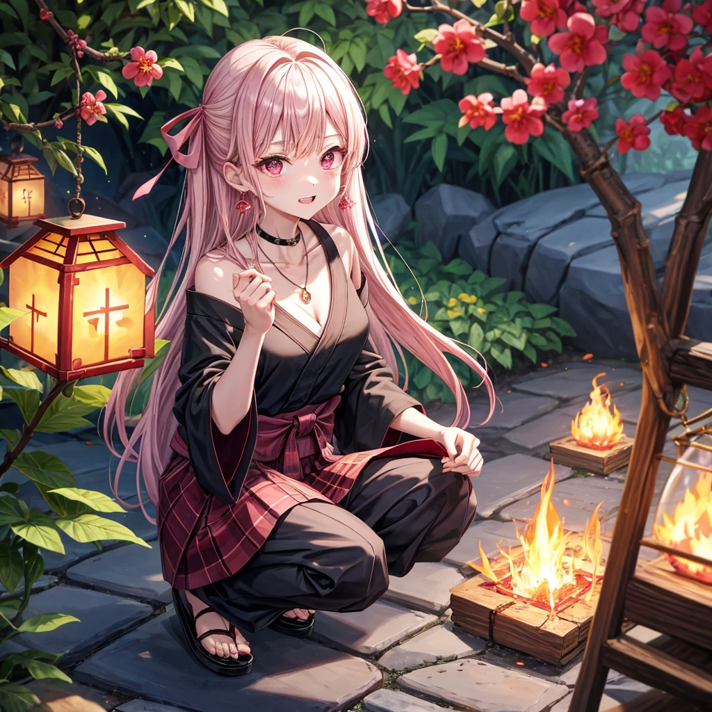 pink black blonde、red eyes、one good looking girl、solo、anime、plaid mini skirt、black camisole、black t-shirt、kimono、wearing a ribbon、ribbon at waist、stone slabs are piled up、crystal earrings、jewelry necklace、Light and shadow、walking、clock、universe、vine plant、petal、tilting one&#39;s face、teeth are visible、fire spirit、book of magic、Cube、bamboo forest、lava、Plum blossom、squatting down