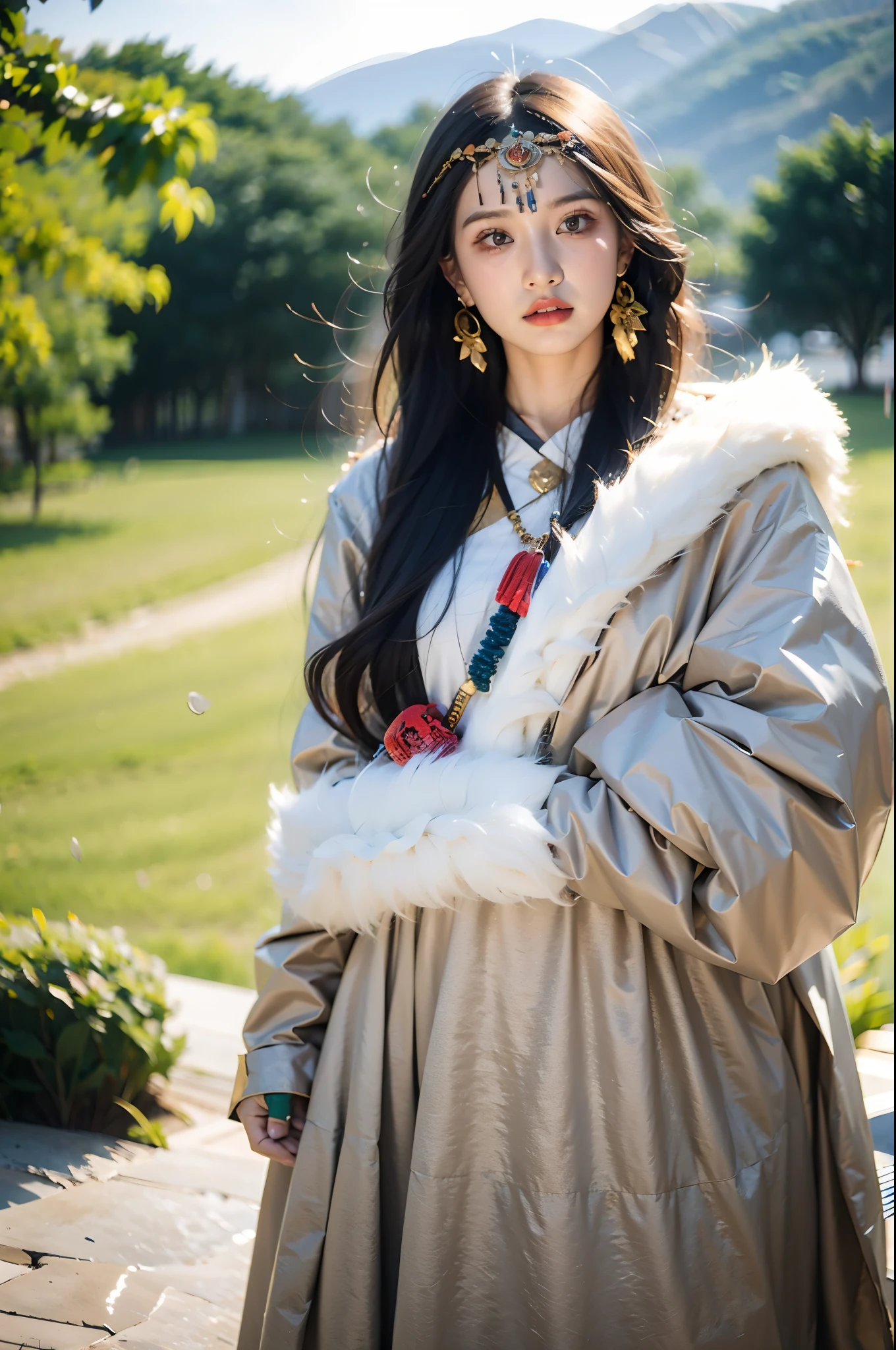 (masterpiece, best quality:1.2),1girl, black hair, blurry background, blurry foreground, brown eyes, depth of field,Tibetan clothing,Chinese Tibetan clothing,Tibetan girl ,Tibetan headwear,Grey half body Tibetan robe,Tibetan Earrings,Tibetan jewelry,valiant and heroic in bearing, earrings, jewelry, lips, long hair, looking at viewer, motion blur, solo, standing