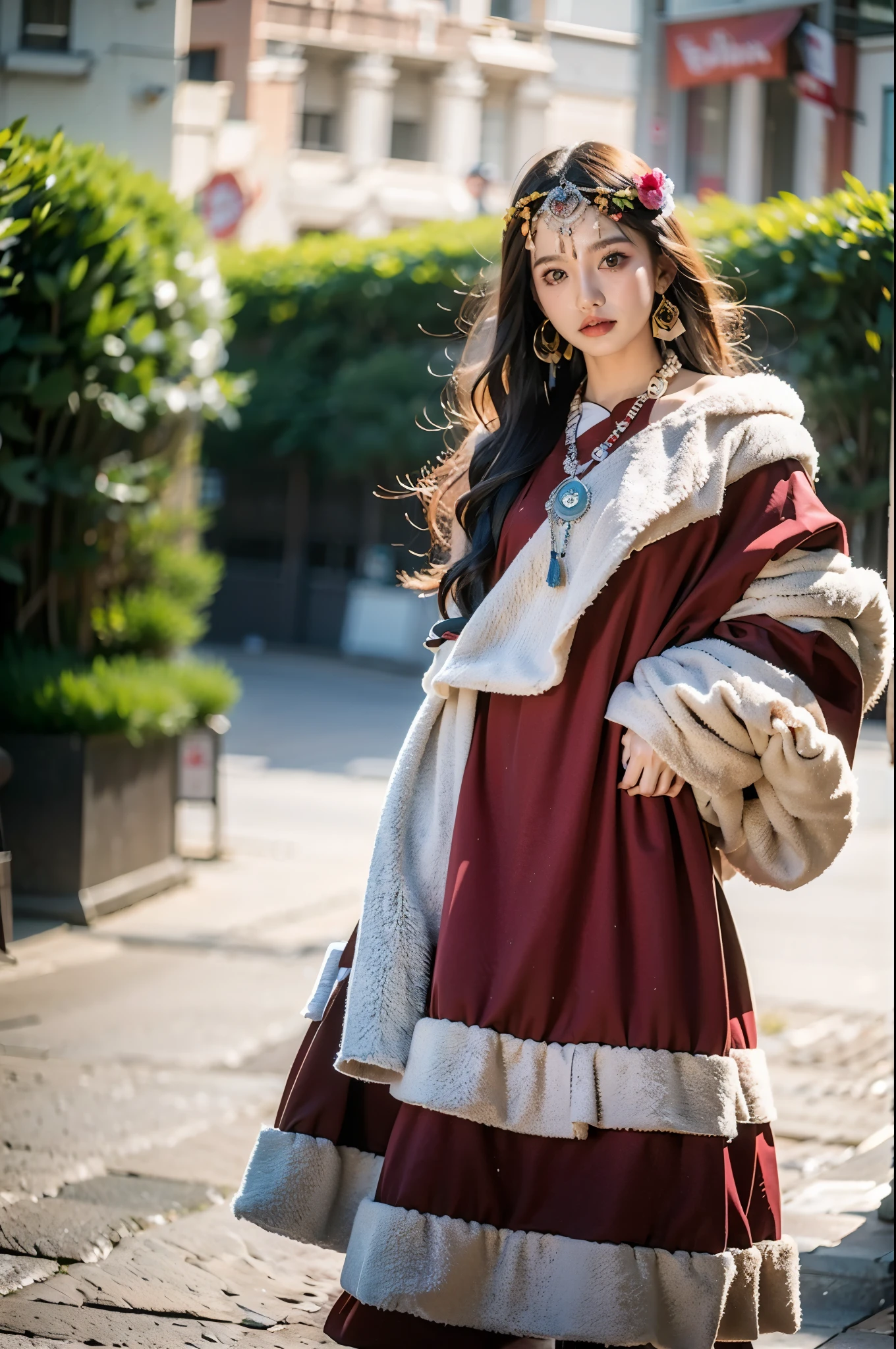 (masterpiece, best quality:1.2),1girl, black hair, blurry background, blurry foreground, brown eyes, depth of field,Tibetan clothing,Chinese Tibetan clothing,Tibetan girl ,Tibetan headwear,Grey half body Tibetan robe,Tibetan Earrings,Tibetan jewelry,valiant and heroic in bearing, earrings, jewelry, lips, long hair, looking at viewer, motion blur, solo, standing
