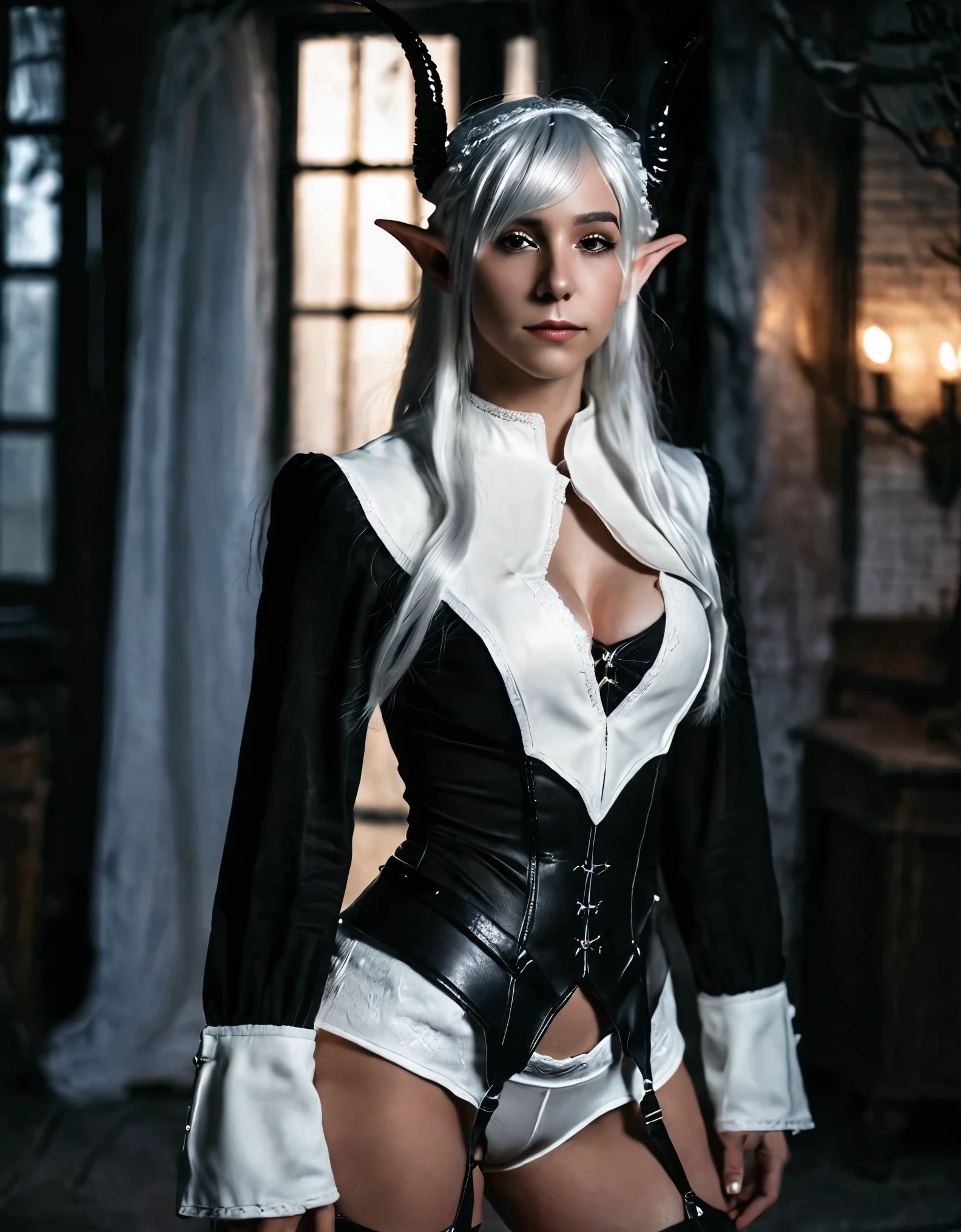 Dark Elf, 1girl ,black clothes,white clothes, black hair, white hair, Horn, cinematic lighting