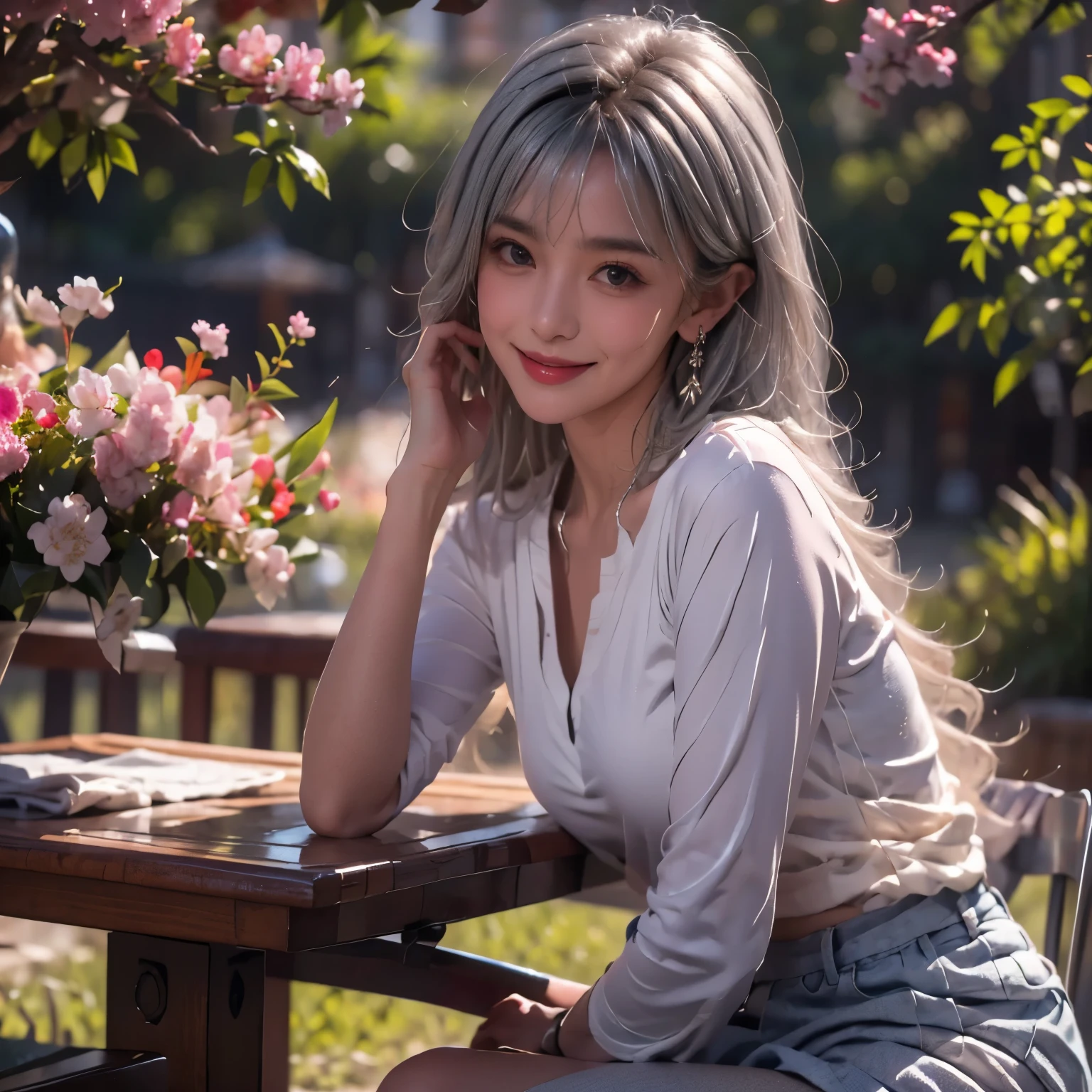 (masterpiece), (((highest quality)), (Super detailed), 1 girl, (silver hair,), 25 years old, outdoor, bangs,short hair, smile, perfect hands, perfect hands, hand details,  earrings, cherry blossom park+ background,highest quality,maxi skirt,white shirt,full body shot,((A little skin exposed)),sexy,