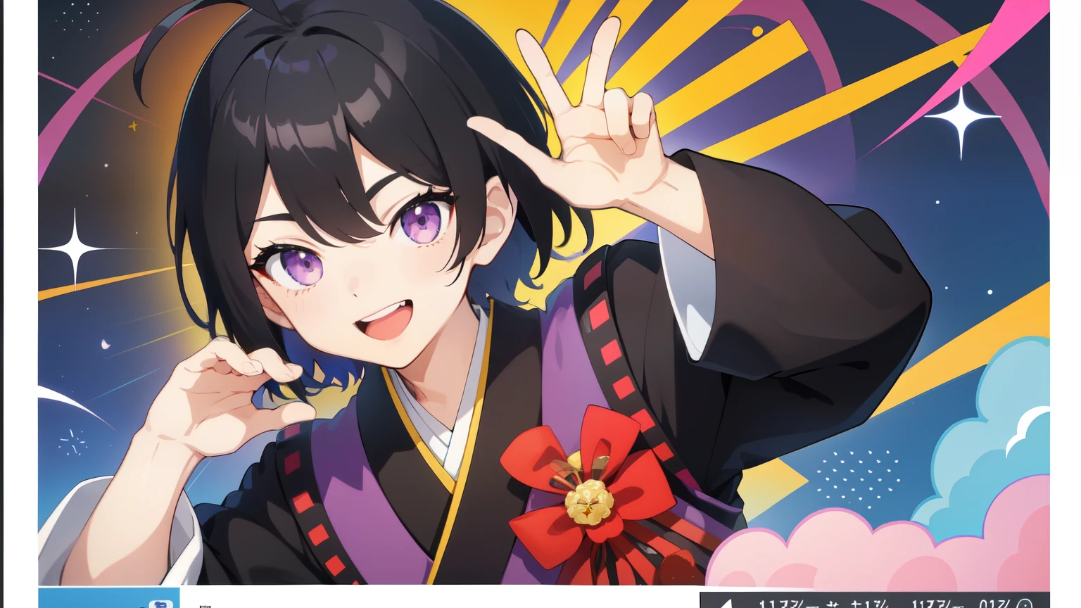 1st man, open your mouth, smile, Virtual YouTuber、((highest quality, expensive_solve, clear_image)),(black hair), (Ahoge), (ridiculously short hair), (purple eyes),、laughter、((front))、((Men))、random pose、Dressed in kimono、