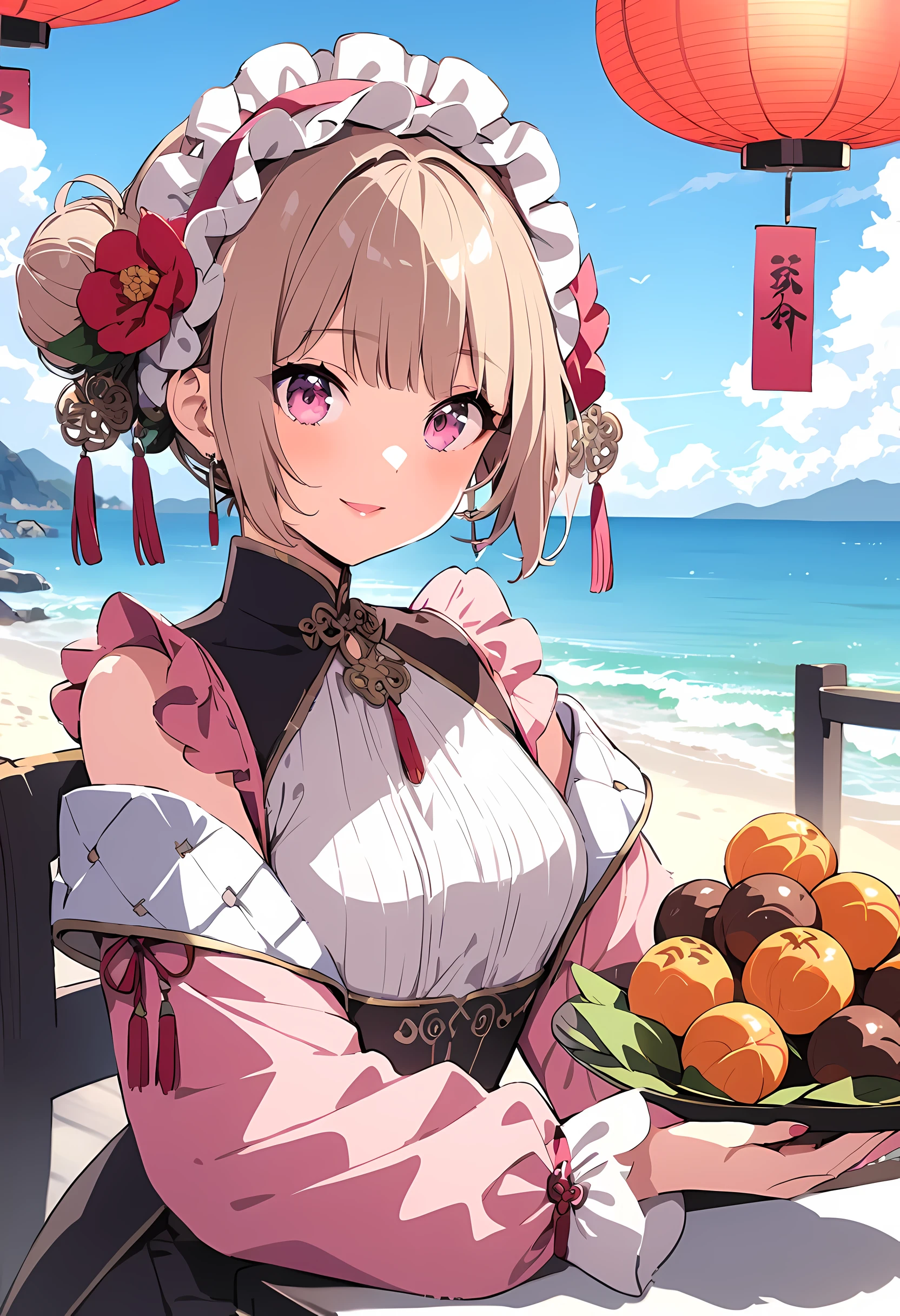 masterpiece, 最OK质量, seaside, banquet, 1 female, mature woman, elegant, Chinese style, China, Sister, Royal Sister, happy, meatball head, light brown hair, pink eyes, Ornate headdress, light pink lips, pink clothes, Yarn clothing, intellectuals, full bangs, Flat bangs, flower ball, Exquisite face shape,OK