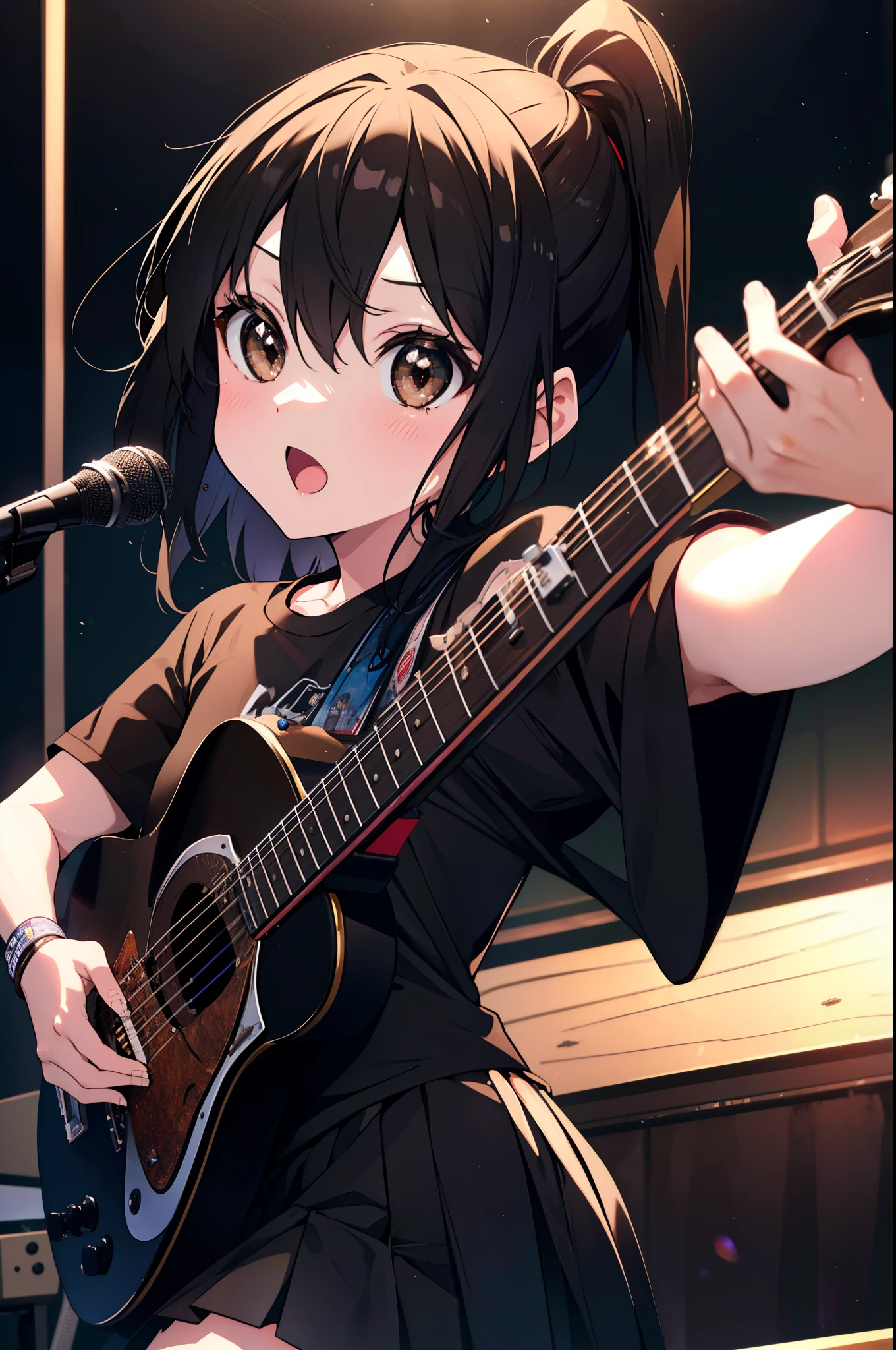 azusa nakano, nakano azusa, (black hair:1.5), (brown eyes:1.7), long hair, twin tail chest:1.2), black t-shirt,pleated skirt, break (table top:1.2), (masterpiece:1.2), highest quality, High resolution, unity 8k wallpaper, (shape:0.8), (beautiful and detailed eyes:1.6), highly detailed face, perfect lighting, Very detailed CG, (perfect hands, perfect anatomy),rock band concert, musical instrument performance, stage performance, hot air,happy atmosphere、スタンドマイクの前でguitarをを弾きながら熱唱、guitar(mustang)、sweat on forehead、汗ばんだblack t-shirt、open your mouth and sing,
