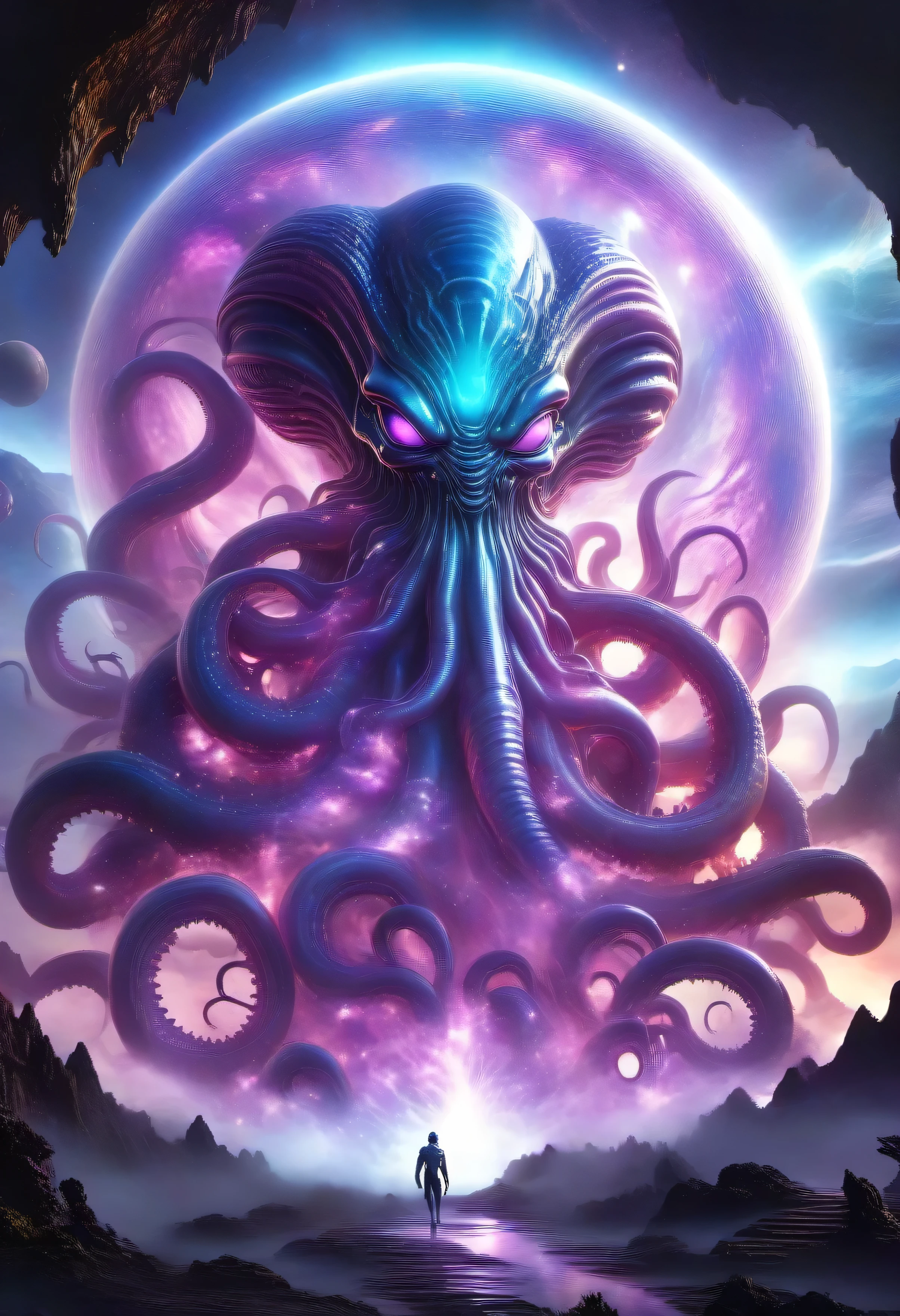 alien creature, imposing presence, aura intimidante, cores vibrantes, detalhes intrincados, textura de outro mundo, olhos brilhantes, Multiple members, tentacles, ethereal atmosphere, paisagem surreal, cosmic energy, dynamic pose, Realistic rendering, high resolution, Arte profissional, Science fiction inspiration, dramatic lighting, alien biome, atmosfera misteriosa, escala inspiradora, epic composition, intricate patterns, Elementos surrealistas, tons vibrantes, atmospheric perspective, beleza sobrenatural, extraordinary imagination, masterful execution, captivating presence, Dynamic movement, cosmic essence, enigmatic aura, olhar cativante, fantastic proportions, immersive experience, detalhes fascinantes, conceito imaginativo, qualidade transcendente, Captivating storytelling, ambiente de sonho, poderes sobrenaturais, efeitos visuais hipnotizantes.