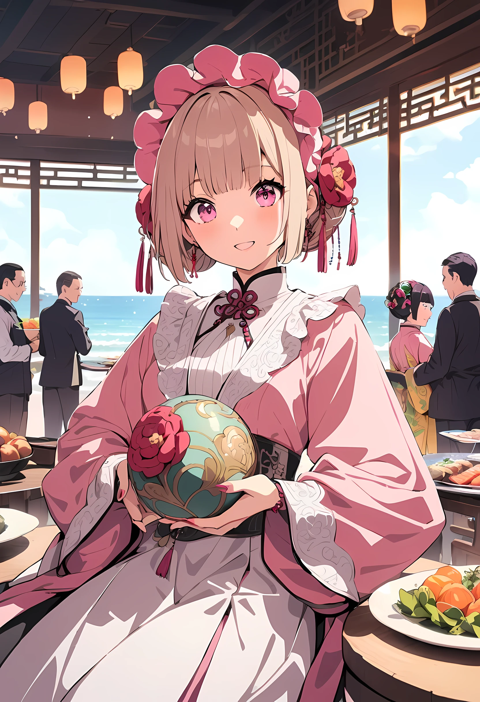 masterpiece, 最OK质量, seaside, banquet, 1 female, mature woman, elegant, Chinese style, China, Sister, Royal Sister, happy, meatball head, light brown hair, pink eyes, Ornate headdress, light pink lips, pink clothes, Yarn clothing, intellectuals, full bangs, Flat bangs, flower ball, Exquisite face shape,OK