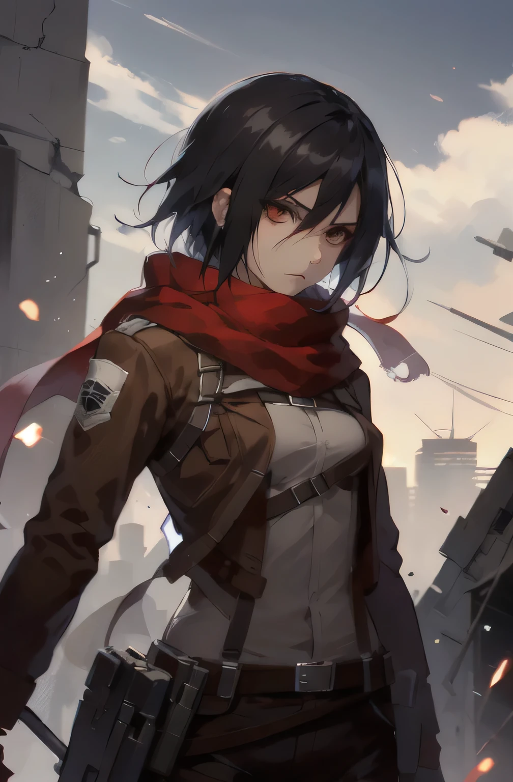 gpO\,best quality,1girl,mikasa_ackerman,Red scarf,sky,gloomy,Combat posture,Action art,Aim at the enemy,Face full of murderous look,sinister gang,butyric,weapon,Minimalism,Impact art,ruins,