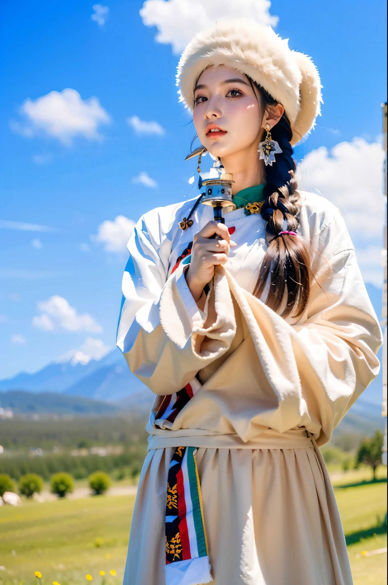 (masterpiece, best quality:1.2),White Tibetan clothing,1girl, blue sky, cloud, cloudy sky, day, earrings,Plush hat, horizon,Chinese Tibetan clothing,Tibetan Earrings,Silver Tibetan prayer wheel,Tibetan girl , jewelry, lips, mountain, outdoors, parted lips, red lips, sky, solo, upper body,Holding a Tibetan prayer wheel in hand