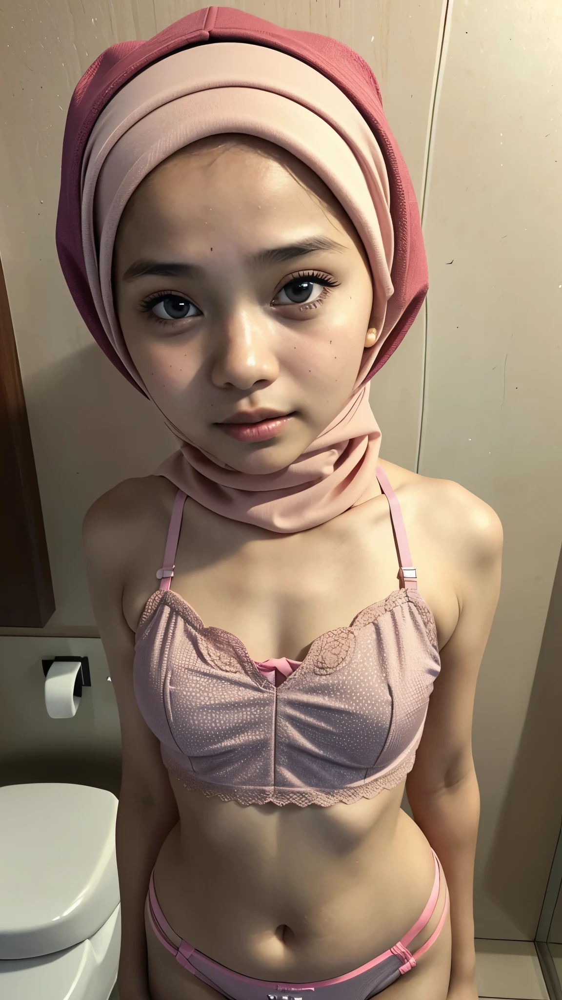 Tiny (Wearing Lingerie), (((HIJAB MALAY GIRL))), masutepiece, High quality, UHD 32K, Realistic face, Realistic skin feeling , A Malay Lady, 8 , , Very cute and baby-like face, (((FLAT CHEST))), (MATRIX WORLD), ((look In front  at the camera and SADNESS)), ((())), (((CUTE GIRL))),  ((Fluorescence)), ((CHUBBY)), (undress), at toilet.
