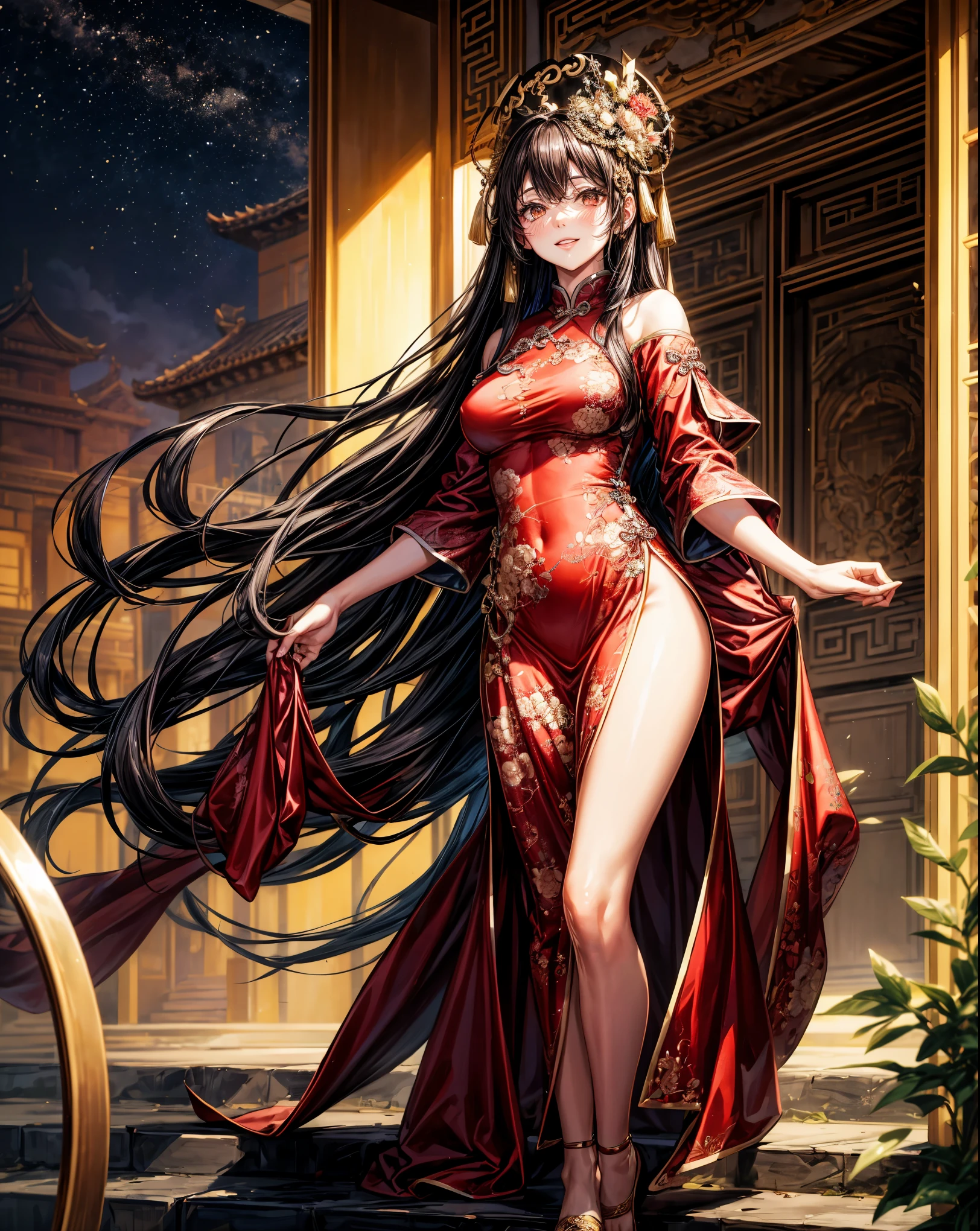(((depict young girl))), long brown hair, straight hair, brown eyes, Chinese jewelry, sexy pose, small breasts, shy, focused, (nice hips), (show hips), (open hips), (((ftight chinese dress))), red dress, (no underwear), (show breasts), (shape of the nipples), (((Masterpiece, Excellent, complex details))), (delicate girl), (delicate face), make up, red lipstick