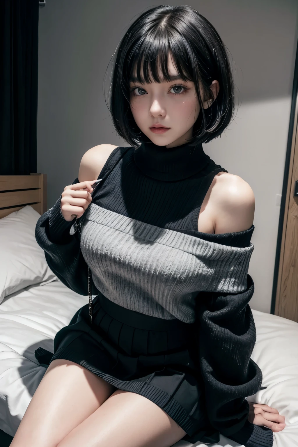 21 yo girl, green hair, bob Hair. (Wearing black oversize sweater), show shoulders, cleavage, natural big breast, show big thigh, plump body, sitting on the bed. Dark background. Voncrete background