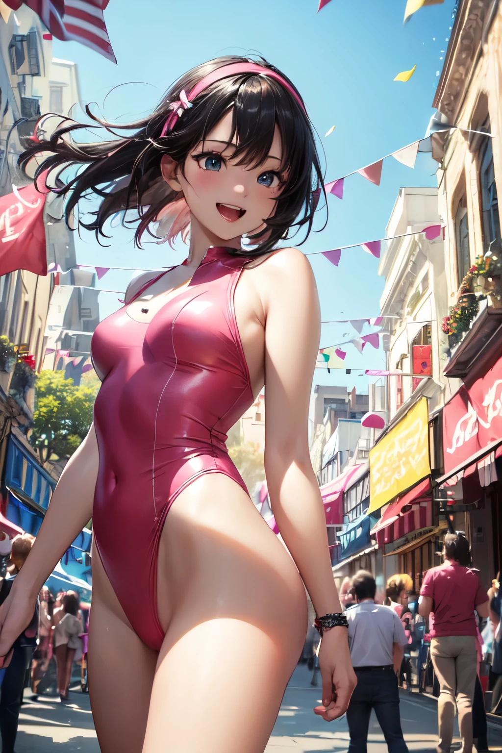 very cute and beautiful girl,(highly detailed beautiful face),(pink leotard:1.2),(sleeveless),(laugh),
festival in town street,(parade:1.2),(many people wearing pastel costume),flags,confetti in sky,outdoors,depth of field,
cowboy shot,standing,dynamic pose,black hair,hair band,
(best quality,masterpiece:1.2),absurdres,highres,ultra-detailed,extremely detailed,32k,8k resolution,
intricate details,cinematic scene,detailed background,solo,dynamic angle,
hair fluttering in the wind,
(realistic),