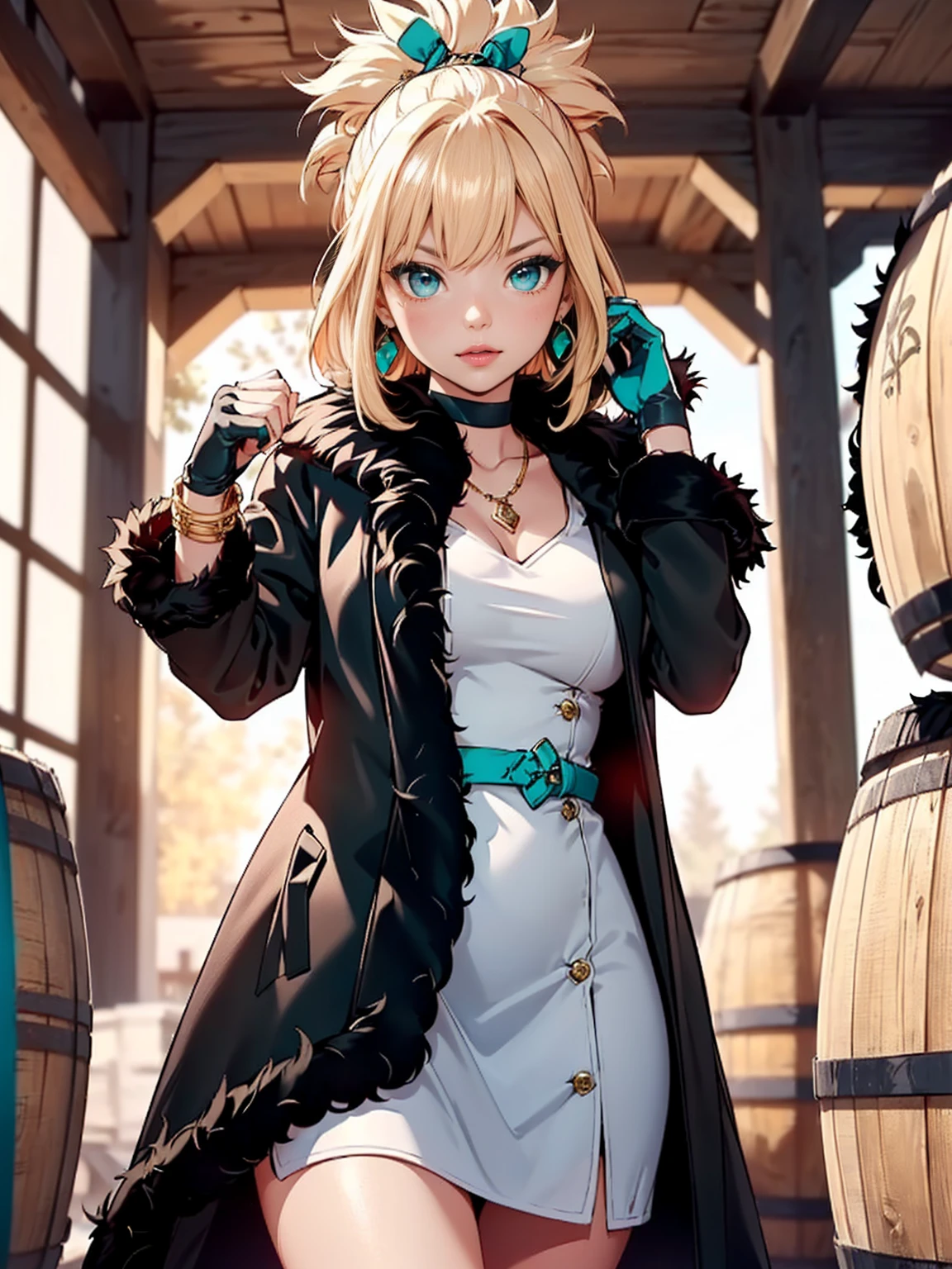 ((1woman, (solo, 1girl, alone), kohaku, blonde hair, blue eyes, tied hair)), smug, ((solo, (1woman, pink lipstick), Extremely detailed, ambient soft lighting, 4k, perfect eyes, a perfect face, perfect lighting, a 1girl)), austere, ((white dress, ornate long dress, dark green dress)), sexy red dress)), (((black fur coat:1.4), (ornate dress, turquoise dress))), gold bracelet, winery,wine barrels backgroudn, standing on a barrel, sexy pose)), gloves, gold bracelets, amethyst necklace, hoop earrings))