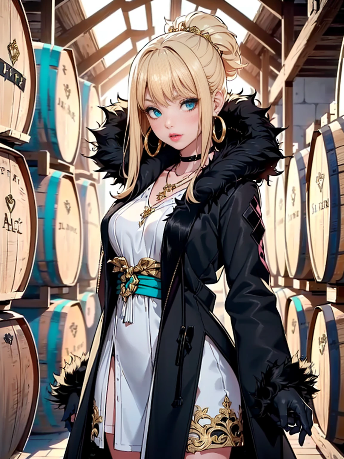 ((1woman, (solo, 1girl, alone), kohaku, blonde hair, blue eyes, tied hair)), smug, ((solo, (1woman, pink lipstick), Extremely detailed, ambient soft lighting, 4k, perfect eyes, a perfect face, perfect lighting, a 1girl)), austere, ((white dress, ornate long dress, dark green dress)), sexy red dress)), (((black fur coat:1.4), (ornate dress, turquoise dress))), gold bracelet, winery,wine barrels backgroudn, standing on a barrel, sexy pose)), gloves, gold bracelets, amethyst necklace, hoop earrings))