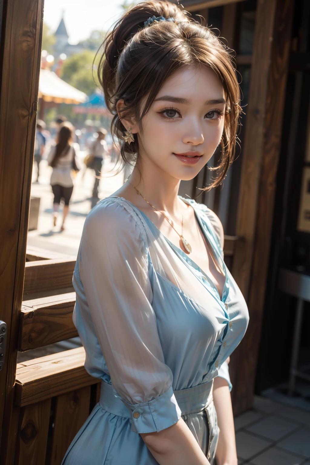 (best quality, 8k,32k,masterpiece, UHD:1.2),extremely detailed CG unity 8k wallpaper,intricate details,Raw photo,(photorealistic:1.4),atmosphere,ultra high res,Realistic,Real,Huge_filesize,incredibly absurdres,(centered:1.3),Ultra illustration,(ultra-detailed),cinematic lighting,various colors,depth of field,art by krenz cushart,golden hour lighting,taken by Canon EOS,SIGMA Art Lens 35mm F1.4,ISO 200 Shutter Speed 2000,blurry background,
BREAK,
1girl,(smile:1.5),slim body,(long hair with see-through bangs:1.4),solo,18-year-old Japanese beautiful woman,(city,lightblue stripe blouse:1.5),(light brown hair:1.5),((brown eyes)),Large breasts,chest, Soft white skin that shines with every detail,pale skin,Very beautiful face,Very well-formed face,Natural and realistic face,Best,beautiful detailed eyes,striking eyes,Eyes drawn in detail, smile with your mouth closed,Detailed mouth,Detailed lips,shiny beautiful lips,Glossy lips,simple earrings,necklace,jewelry, solo focus,low neckline,
BREAK,
Back lighting,kool,Standing,
BREAK,
(dutch angle,sexy pose:1.4),cowboy shot,looking at viewer,
BREAK,tzuyu,yui aragaki,