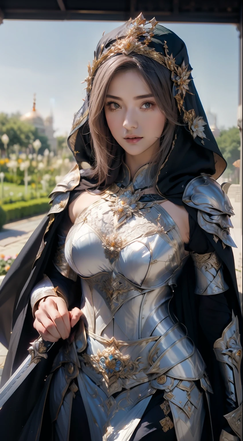 (8k, Highest quality:1.2)、 High resolution, (Skin Texture:1.1), Highest quality, 超High resolution, (Realistic: 1.4), RAW Photos, masterpiece,Realistic, High resolution, 1 girl, Hip Up, long, straight black hair, Beautiful Eyes, Normal Breast, Dark Souls Style, armor, Black hijab, Black Niqab, Gold embroidery, Ultra-detailed armpits, Sweaty armpits, Wet, Muscular, Desert castle, Backlight, Holding a dagger、((Perfect Face))、Big eyes、Delicate eyes、体にフィットするarmor、looking at the camera、