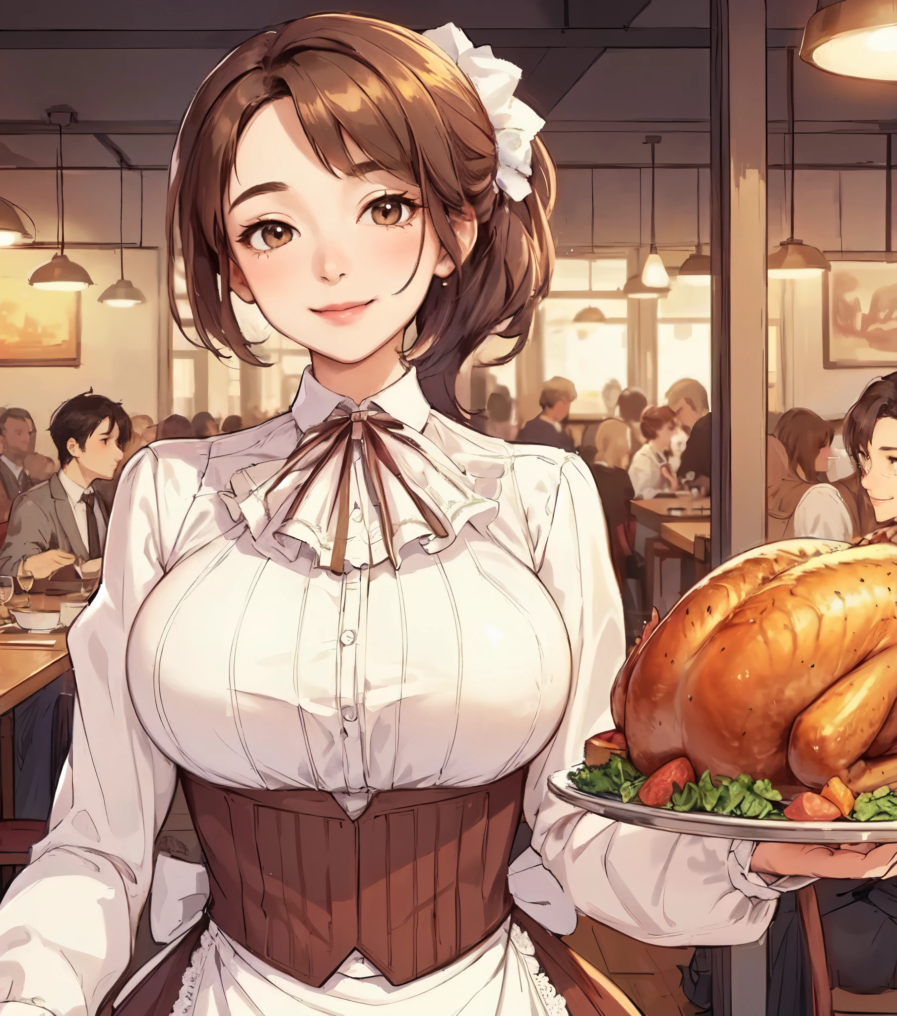 1lady solo standing, holding tray with a roasted turkey, /(clerk uniform/) dirndl, mature female, /(light brown hair/) bangs, blush kind smile, (masterpiece best quality:1.2) delicate illustration ultra-detailed, large breasts BREAK /(casual restaurant/), detailed background