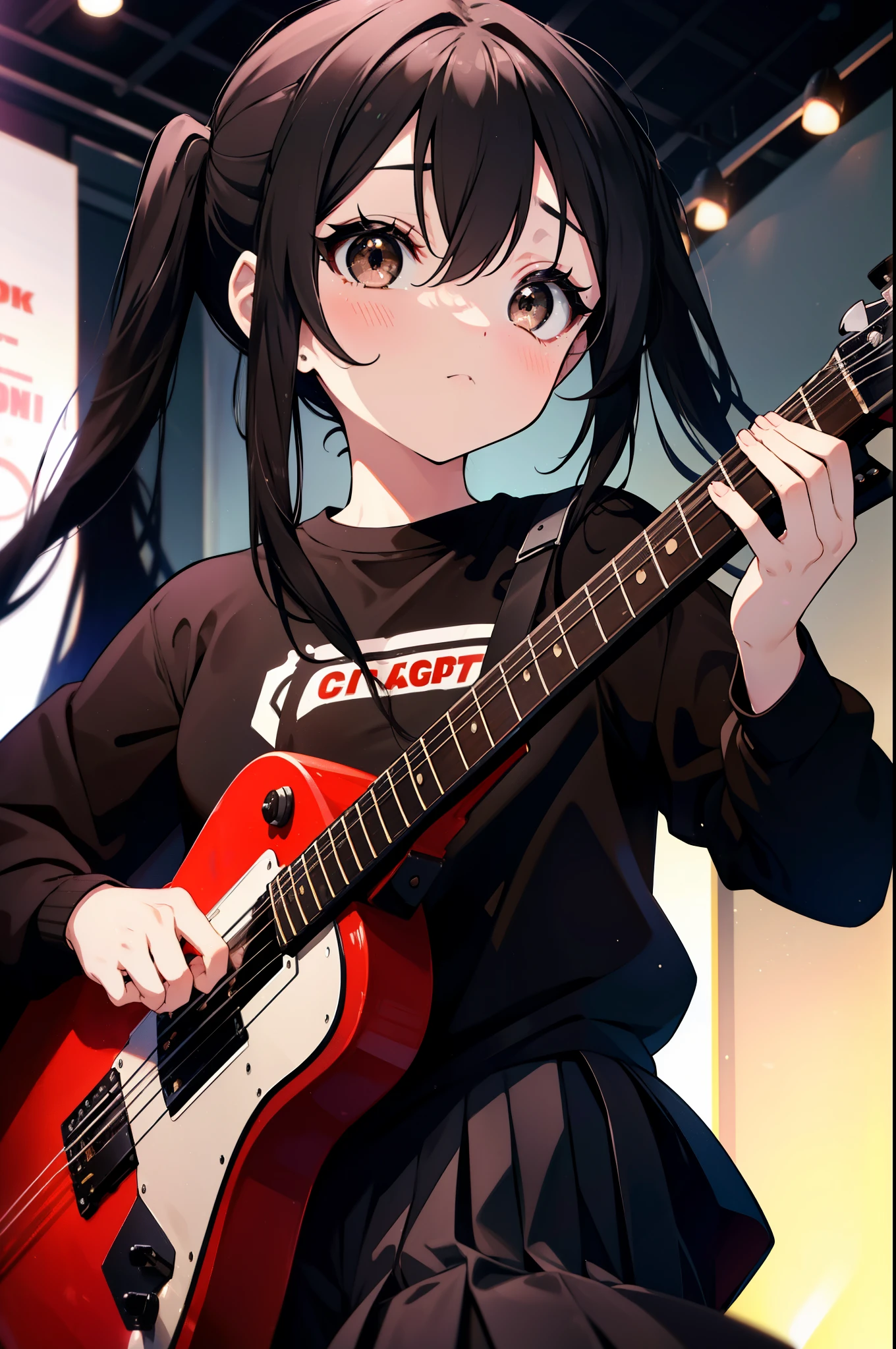 azusa nakano, nakano azusa, (black hair:1.5), (brown eyes:1.7), long hair, twin tails,small breasts, black t-shirt,pleated skirt, break (table top:1.2), (masterpiece:1.2), highest quality, High resolution, unity 8k wallpaper, (shape:0.8), (beautiful and detailed eyes:1.6), highly detailed face, perfect lighting, Very detailed CG, (perfect hands, perfect anatomy),rock band concert, musical instrument performance, stage performance, hot air,happy atmosphere、スタンドマイクの前でguitarをを弾きながら熱唱、guitar(red mustang)、sweat on forehead、汗ばんだblack t-shirt、open your mouth and sing,