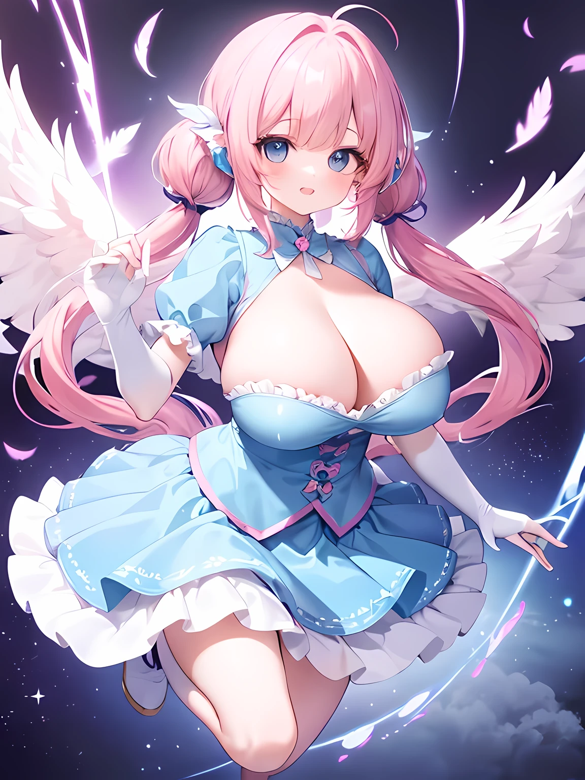 masterpiece,highest quality,(Super detailed),written boundary depth,perfect sentence, Detailed CG,Super detailed,(highly detailed eyes,very cute face,highly detailed face:1.3),beautiful anime girl,(solo girl:1.9),(super huge breasts:1.9),(pink hair,low twin tails:1.5),(light blue eyes:1.3),(smile full of joy),open your mouth,break,(magical girl costume:1.3),white ruffle dress,sleeveless,pink ruffle elbow gloves,micro mini skirt,ruffle skirt,knee high socks,boots with wings,magic wand with feathers and blue gems,large hair ribbon,magic effect,light effect,blue sky,cloud,above the sky,cloudの上,(jumping,flight,Falling from the sky:1.2),dynamic pose,(full body)