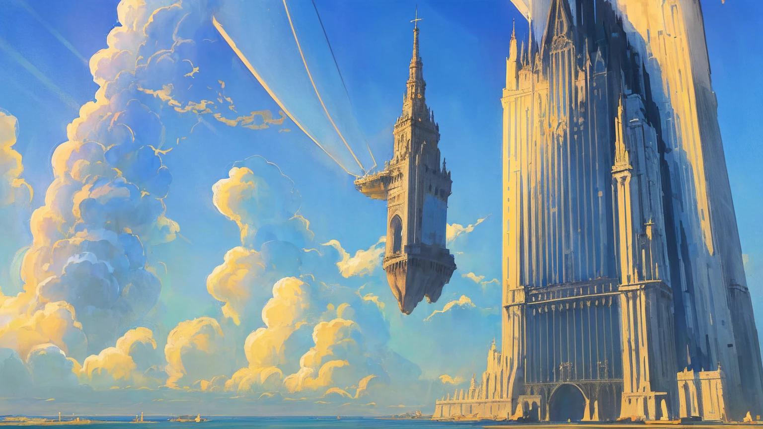 "(best quality, Altas:1.2),ultra-detalhado,ConceptArt,arte conceitual,estilo mksks,species,com beleza e maravilha, master part, alta qualidade, pintura digital/(Artwork/), (cordilheira de montanhas), torre surgindo do meio das montanhas, (Technological tower that stretches to the clouds), airship de Final Fantasy, navio voador. (Airship Final Fantasy). Squadron of airships flying over the sky heading towards the tower