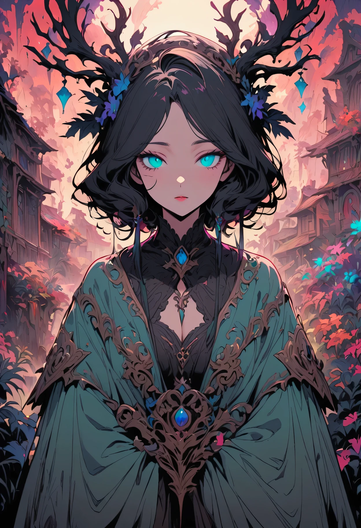 1个girl，Druid，green，antlers，Standing whole body，alone，clear facial features，Clean line design，standing figure，fantasy concept art，(masterpiece，top quality，best quality，ultra high resolution，clear facial features，beautiful eyes，pretty face)，flat color