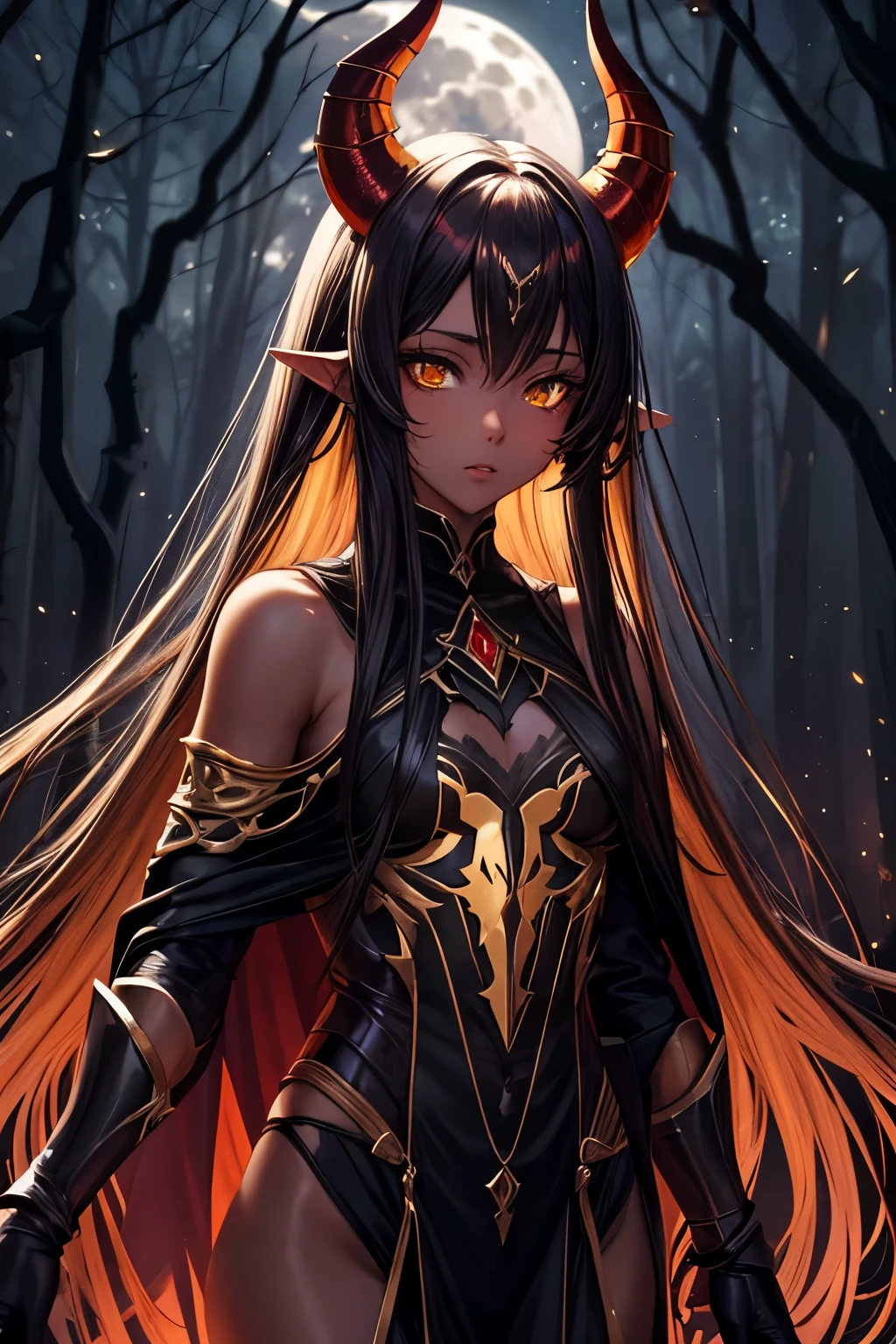 best quality, nsfw, extremely beautiful, beautiful face, long straight brown hair, yellow eyes, (Shiny dark red skin : 1.2), Demon horns, revealing dark armor, dark cape, in a dark forest at night, moon in background