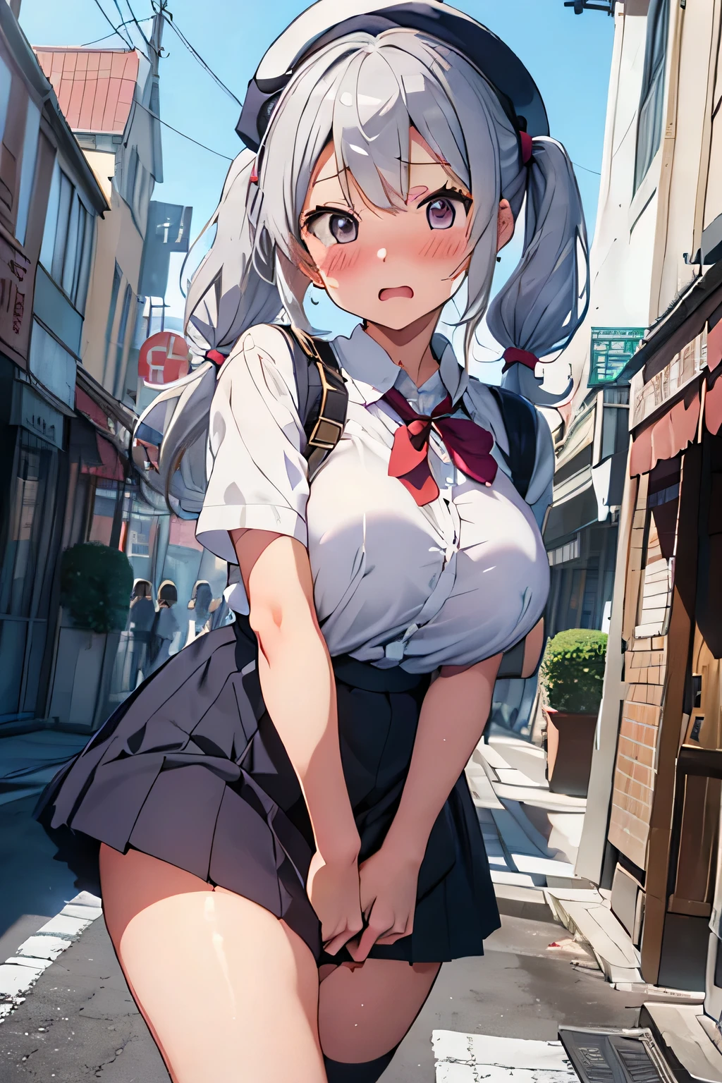 masterpiece, Highest quality, ,High resolution, 1 Girl, alone, Purple eyes,  , , (Cleavage)、(Beautiful thighs), Carrying a red backpack, (randoseru backpack:1.2) Sweaty、Thick thighs、Highest quality、4K、1girl, 8ars old, lo, cute, grin, 、、（In the city）、、Thick thighs、Men holding their penises and surrounding girls、Semen from the penis、Bukkake、Bukkake、（Bukkake）projectile cum、Blowjob、Lots of passersby、Ahegao、low length、、、Handjob、bandaids on nipples,bandaid on pussy,(groin:1.1)、、Spread your legs