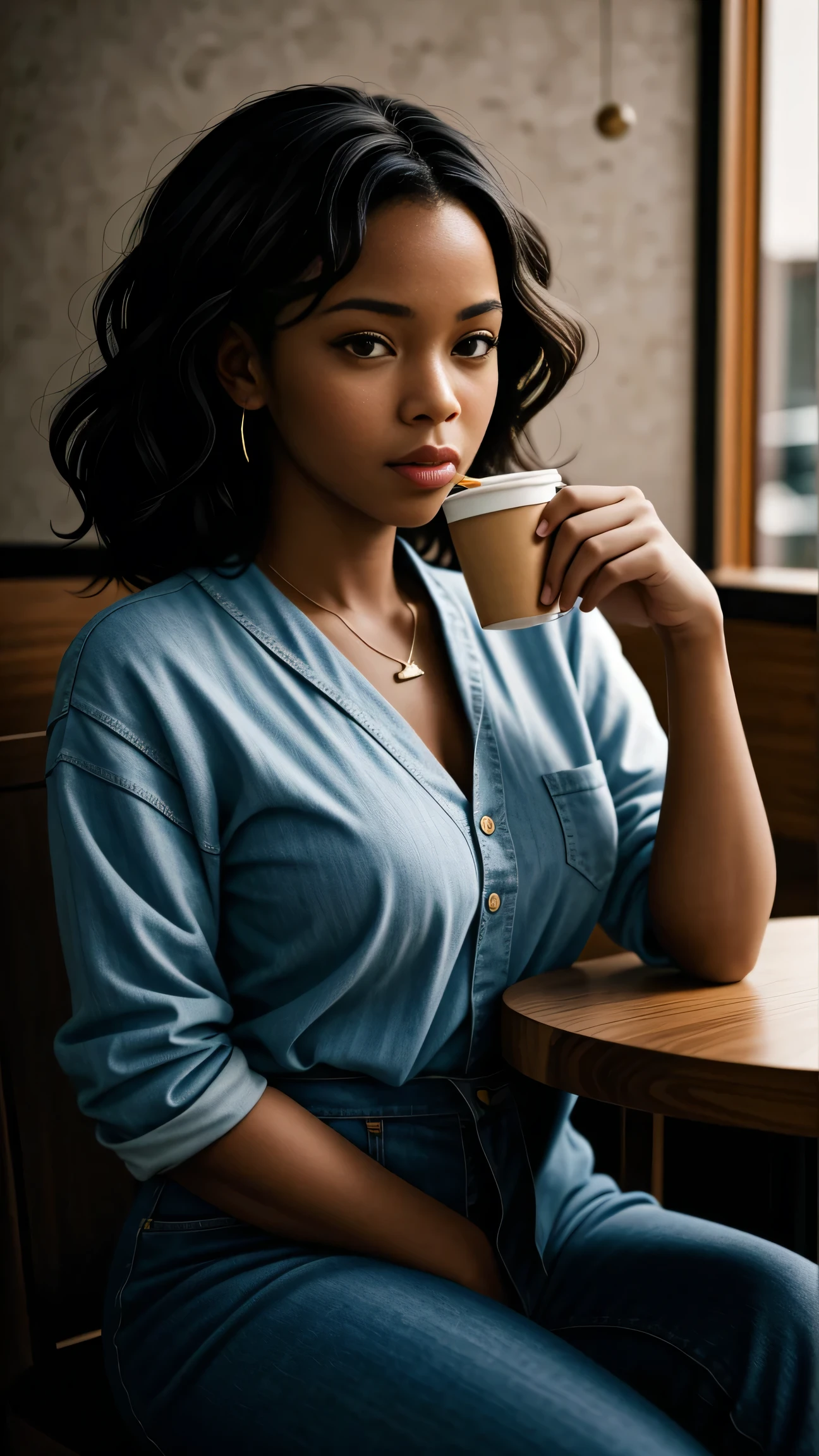 8k, highest quality, ultra details, African-American illustraion , character illustration, young female, effortless American style, sipping coffee at a cozy cafe.