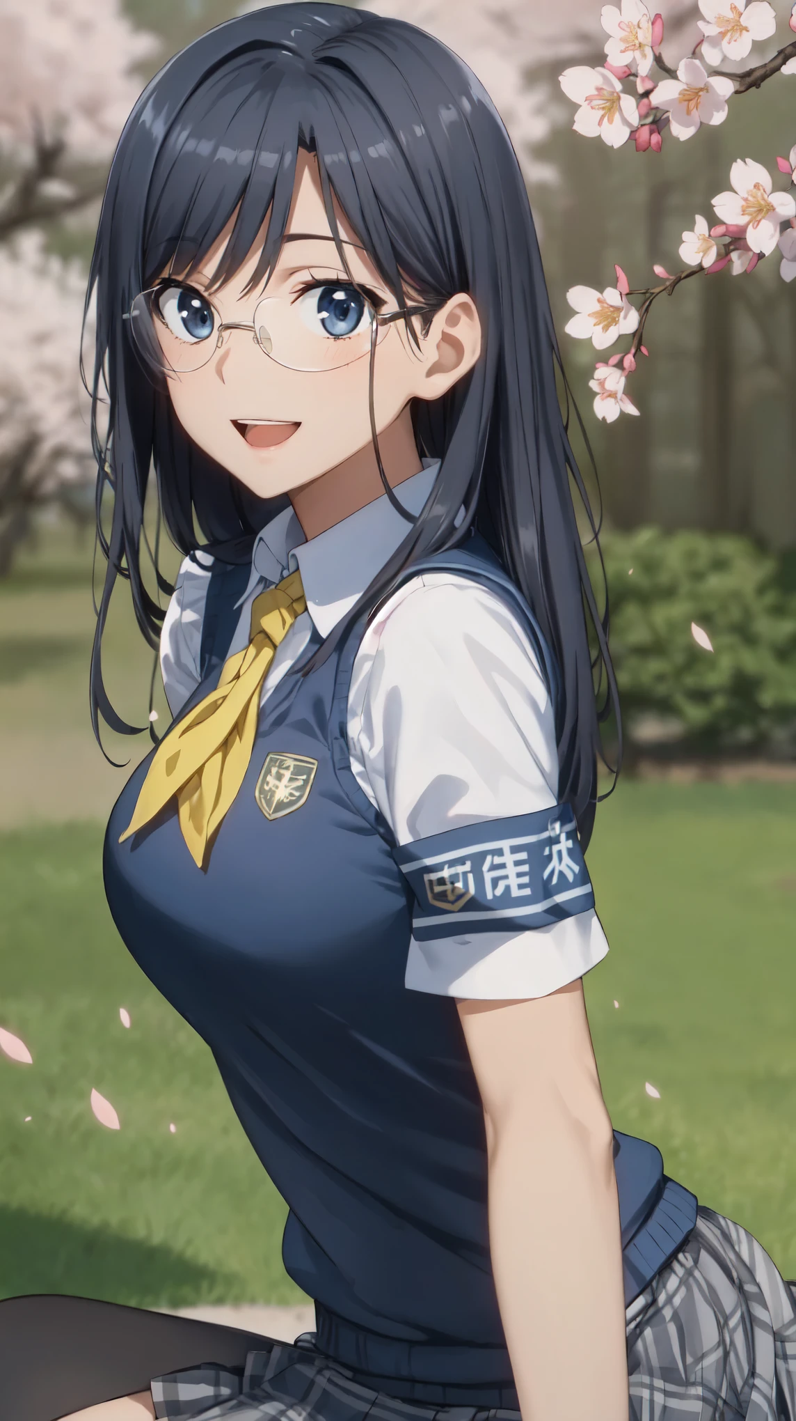 masterpiece, highest quality, High resolution, morning, semi-long, black hair, blue eyes, Glasses, ,bright yellow neckerchief, Bright colors,bright light,(26 years old),collared shirt, sweater vest,big breasts,(Blue Vest:1.2), short sleeve, armband, plaid skirt, gray skirt, (outdoor,Cherry blossom trees in full bloom), Are standing, smile, open your mouth a little, 