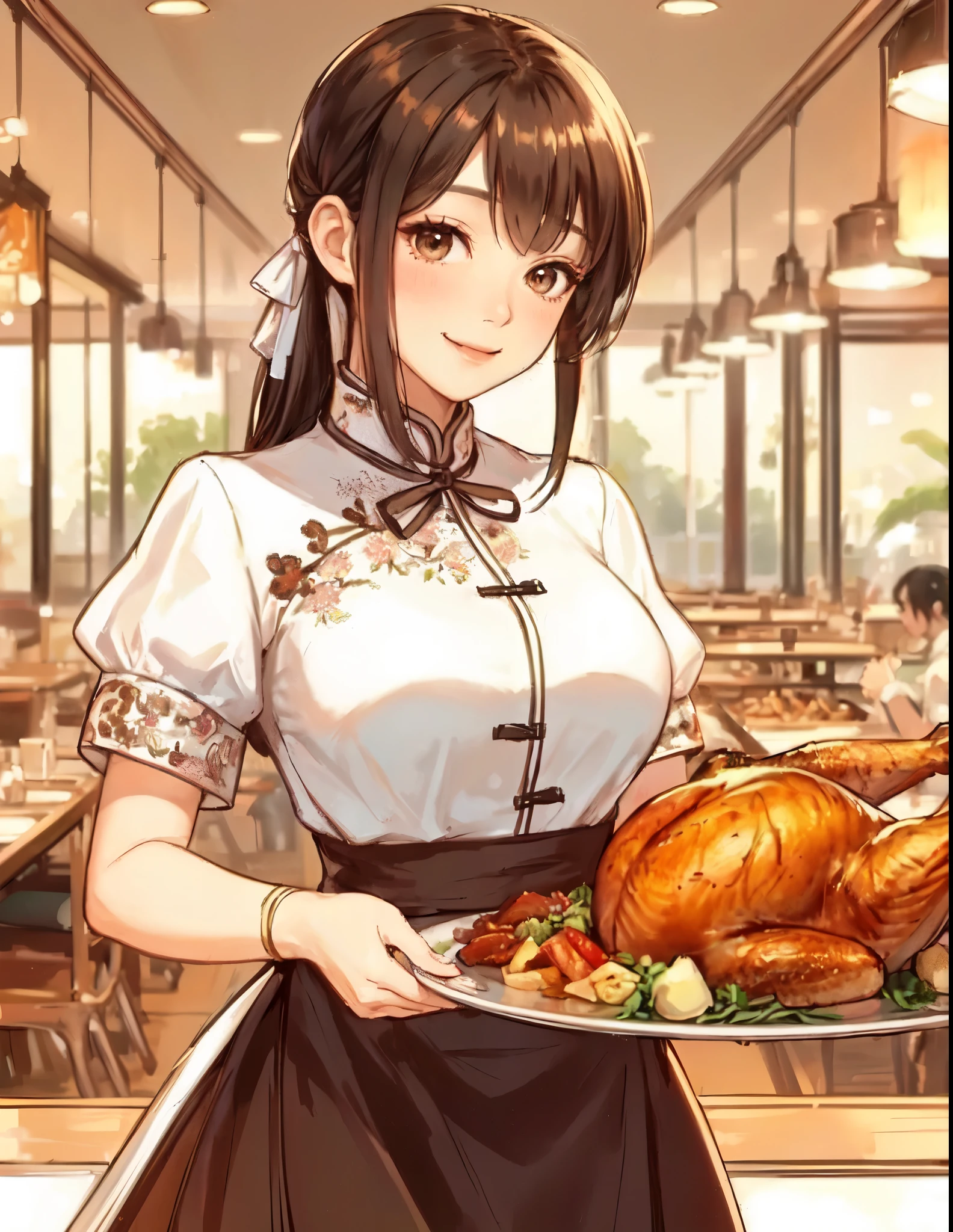 1lady solo standing, holding tray with a roasted turkey, /(clerk uniform/) (China blouse), mature female, /(dark brown hair/) bangs, blush kind smile, (masterpiece best quality:1.2) delicate illustration ultra-detailed, large breasts BREAK /(casual restaurant/), detailed background