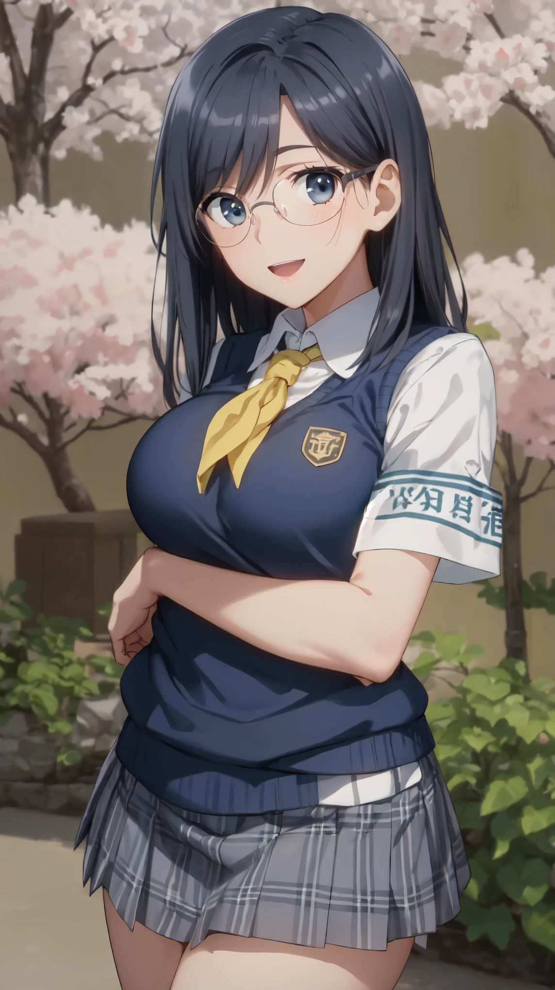 masterpiece, highest quality, High resolution, morning, spring,semi-long, black hair, blue eyes, Glasses, ,bright yellow neckerchief, Bright colors,bright light,(26 years old:1.3),collared shirt, sweater vest,big breasts,(Blue Vest:1.2), short sleeve, armband, plaid skirt, gray skirt, (outdoor,Cherry blossom trees in full bloom), Are standing, smile, open your mouth a little, 