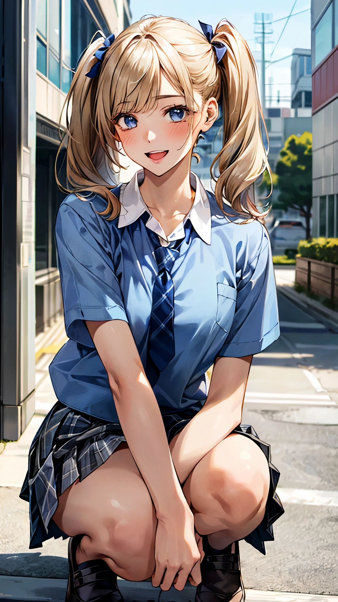 (masterpiece:1.3, top-quality, ultra high res, ultra detailed), (realistic:1.1, photorealistic:1.4), beautiful illustration, perfect lighting, colorful, depth of fields,
beautiful detailed hair, beautiful detailed face, beautiful detailed eyes, beautiful clavicle, beautiful body, beautiful chest, beautiful thigh, beautiful legs, beautiful fingers,
looking at viewer, 1 girl, japanese, high school girl, perfect face, (perfect anatomy, anatomically correct), cute and symmetrical face, face, suntan, shiny skin,
(middle hair:1.5, twintails:1.2, blonde hair), asymmetrical bangs, blue eyes, long eye lasher, (medium breasts), slender,
((collared short sleeve shirt, light blue shirt, , grey plaid pleated skirt, navy tie)), light blue panties,
(beautiful scenery), evening, (outdoors, cityscape in the distance), squatting, (seductive smile, upper eyes, open mouth),