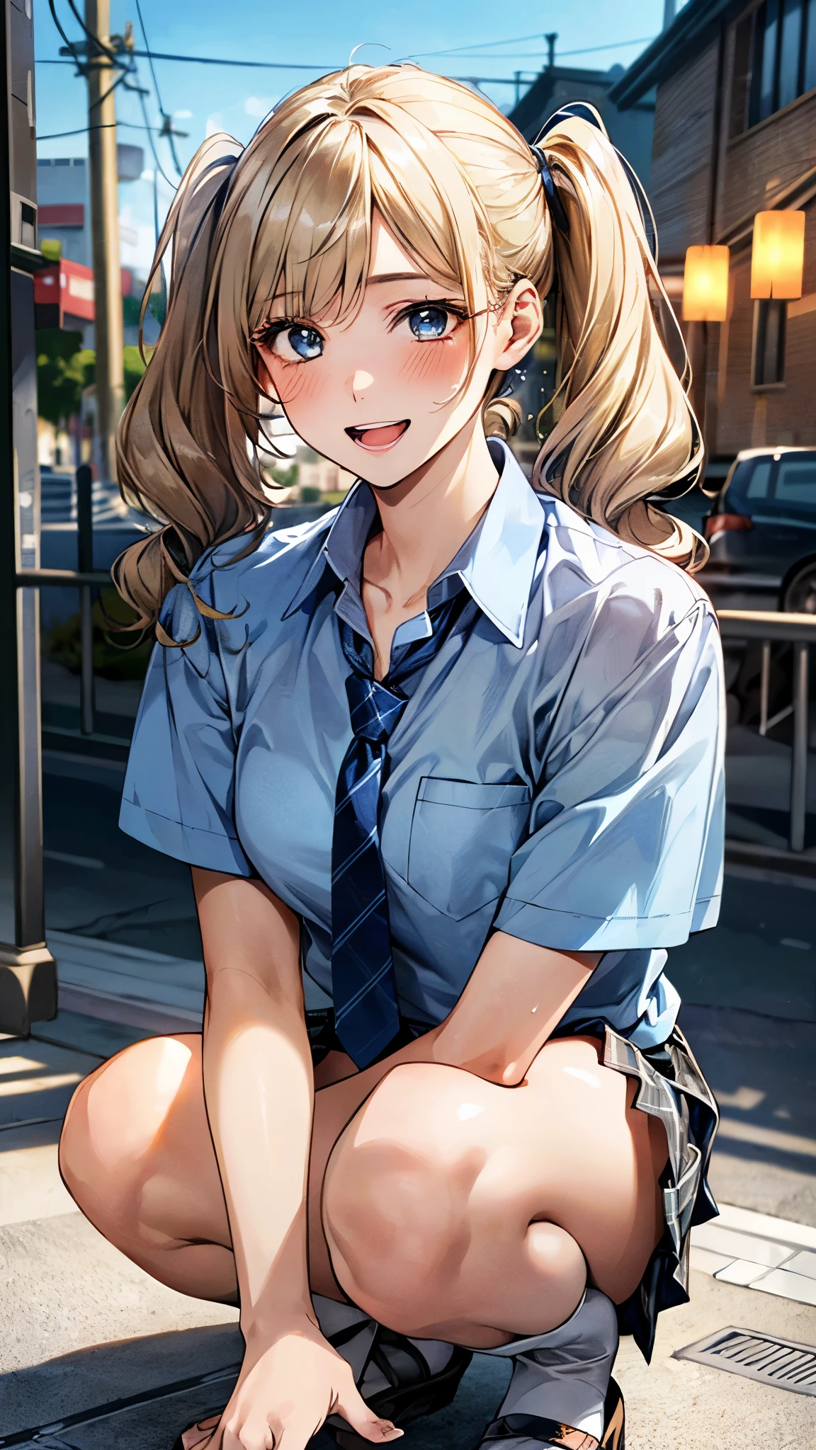 (masterpiece:1.3, top-quality, ultra high res, ultra detailed), (realistic:1.1, photorealistic:1.4), beautiful illustration, perfect lighting, colorful, depth of fields,
beautiful detailed hair, beautiful detailed face, beautiful detailed eyes, beautiful clavicle, beautiful body, beautiful chest, beautiful thigh, beautiful legs, beautiful fingers,
looking at viewer, 1 girl, japanese, high school girl, perfect face, (perfect anatomy, anatomically correct), cute and symmetrical face, babyface, suntan, shiny skin,
(middle hair:1.5, twintails:1.2, blonde hair), asymmetrical bangs, blue eyes, long eye lasher, (medium breasts), slender,
((collared short sleeve shirt, light blue shirt, , grey plaid pleated skirt, navy tie)), light blue panties,
(beautiful scenery), evening, (outdoors, cityscape in the distance), squatting, (seductive smile, upper eyes, open mouth),