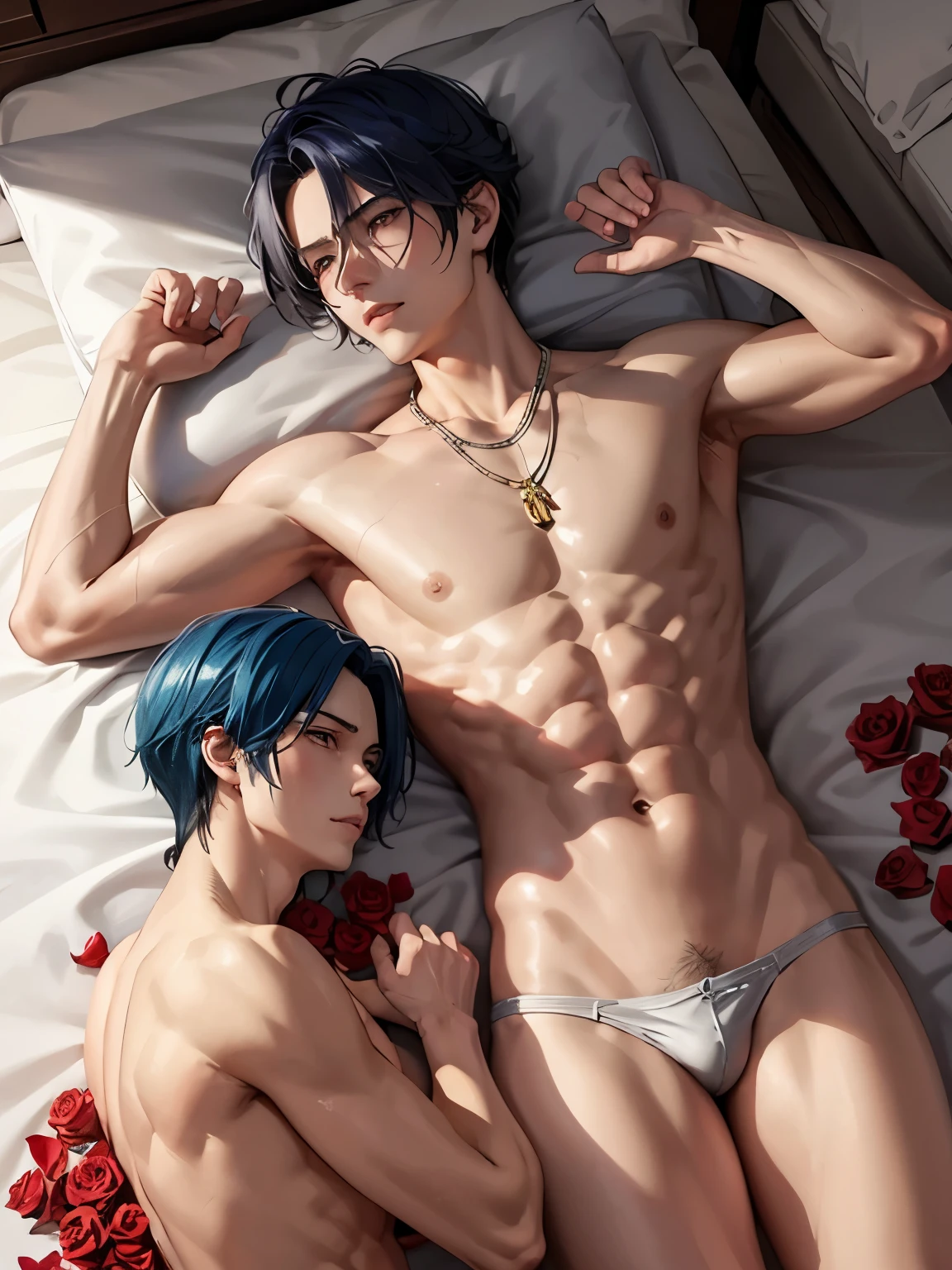 Two anime boys lying on the bed with rose petals, wet bodys, bed, without any clothing except underwear, high quality fanart, hot expression, Beast, at pixiv, official fanart, pixiv, detailed fanart, relaxing, levi ackerman, in in the bedroom, relaxing environment, relaxing mood, by Shingei, anime asthetic, relaxing concept art, two wet anime boys, with rose petals on the bed, beautiful atmosphere, two hot anime boys, cute, beautiful body art, hot pose, beautiful, pretty faces, cute pretty faces, big cute eyes, beautiful expressionthe, hot poses 