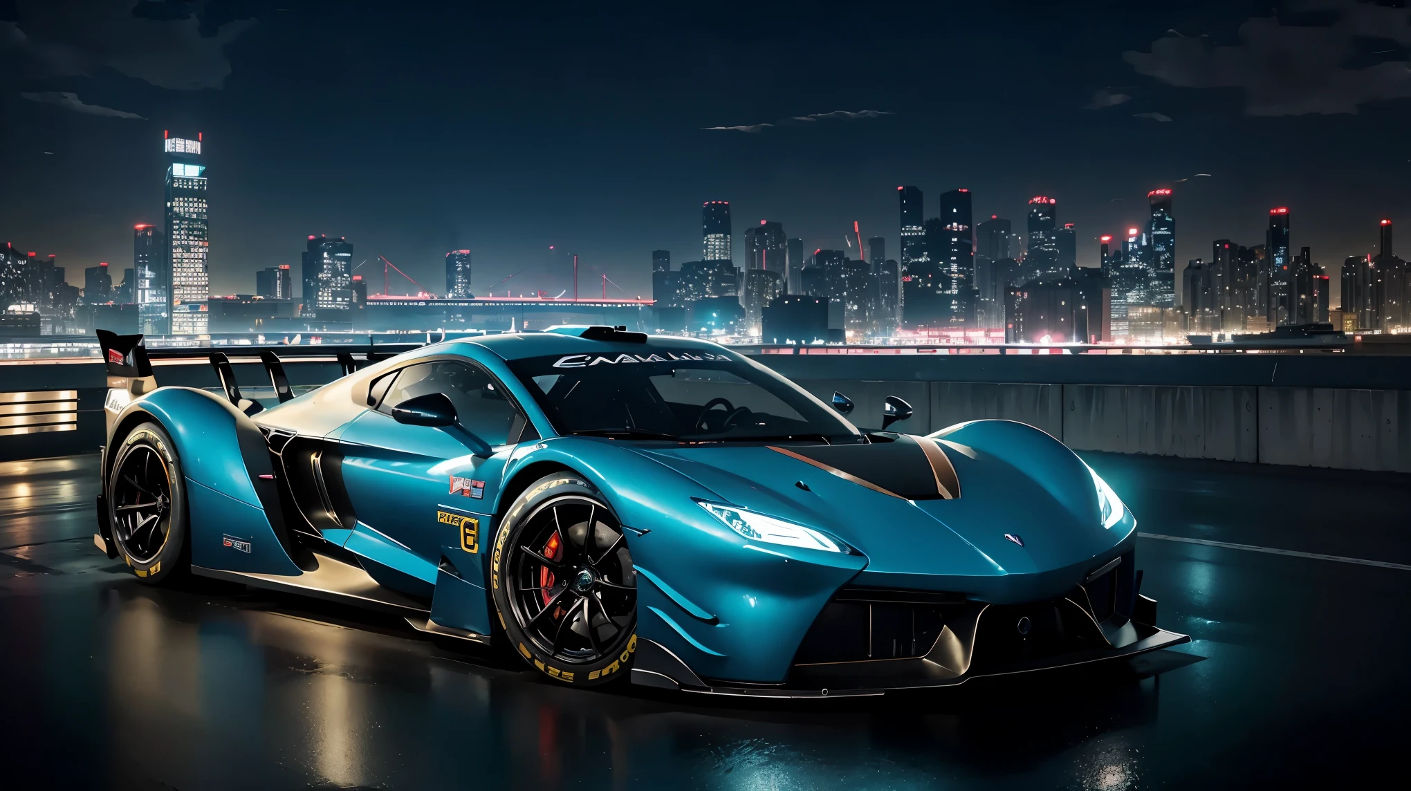 racing car、futuristic cityscape、neon light、high speed、adrenaline rush、sophisticated aerodynamic vehicle、Fast-paced action、fierce competition、A truck that defies gravity、high tech racing suit、cutting edge engine、intense energy field、dynamic camera angle、futuristic technology、captivating visuals、epic race、high octane atmosphere、immersive experience。 (highest quality、4k、8k、High resolution、masterpiece:1.2)、Super detailed、photorealistic:1.37、HDR、UHD、studio lighting、Physically based rendering、extreme details、professional and bright colors、Bokeh、cyberpunk aesthetics、high contrast、cinematic lighting。