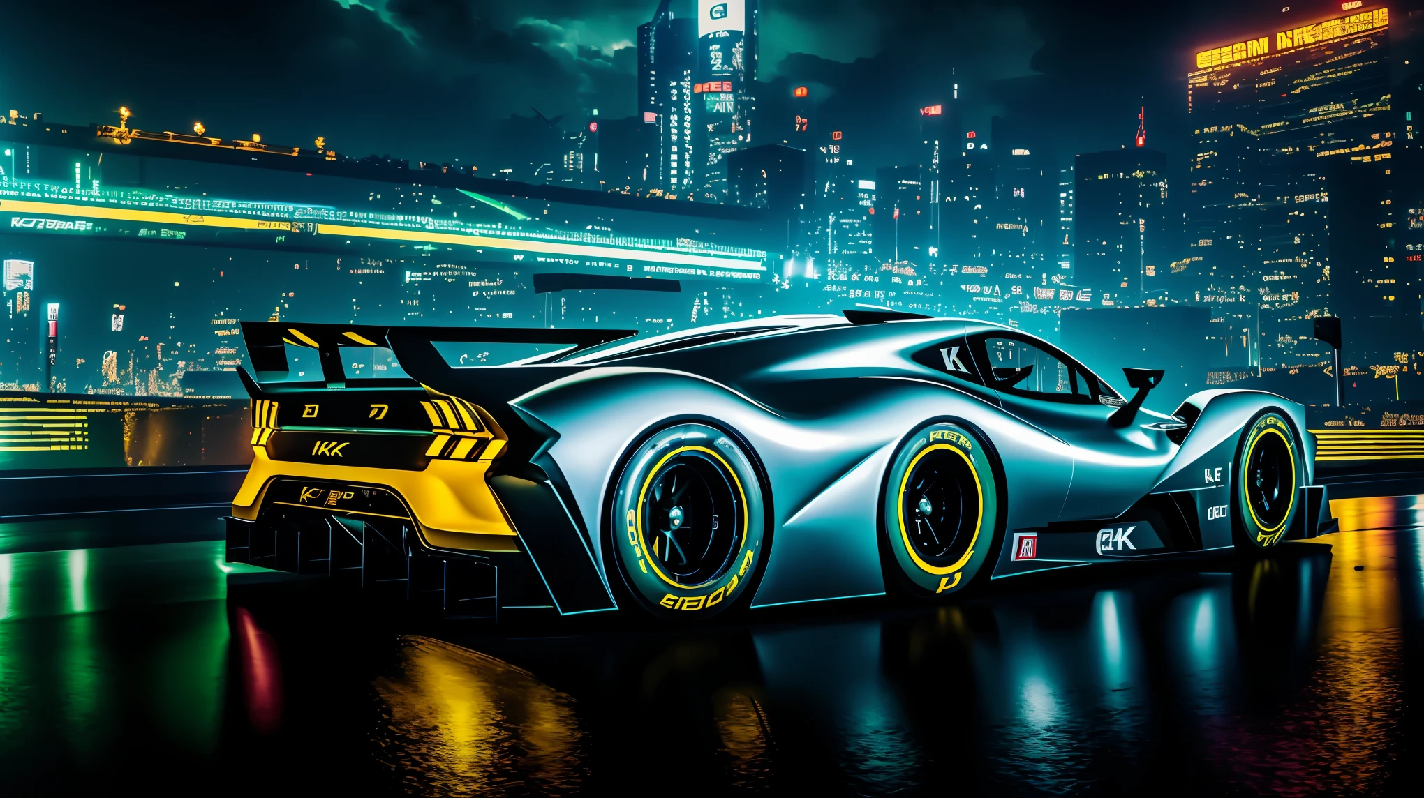 racing car、futuristic cityscape、neon light、high speed、adrenaline rush、sophisticated aerodynamic vehicle、Fast-paced action、fierce competition、A truck that defies gravity、high tech racing suit、cutting edge engine、intense energy field、dynamic camera angle、futuristic technology、captivating visuals、epic race、high octane atmosphere、immersive experience。 (highest quality、4k、8k、High resolution、masterpiece:1.2)、Super detailed、photorealistic:1.37、HDR、UHD、studio lighting、Physically based rendering、extreme details、professional and bright colors、Bokeh、cyberpunk aesthetics、high contrast、cinematic lighting。