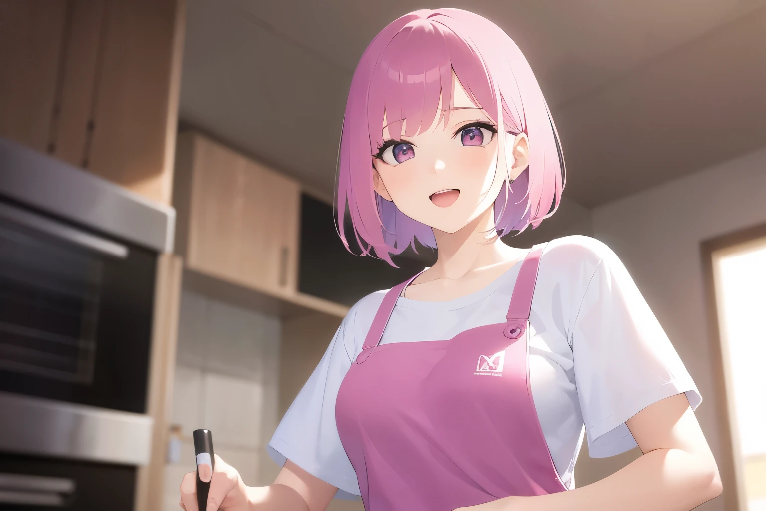 Upper body is shown、Realistic, real person, RAW photo, photorealistic, portrait photography, shiny skin, japanese idol、pink hair、bob cut hair with bangs、20 year old woman with pink eyes、smile, open mouth, Alone、(white:1.2) and (T-shirt) and (pink apron), The background is the kitchen、Are standing、cooking