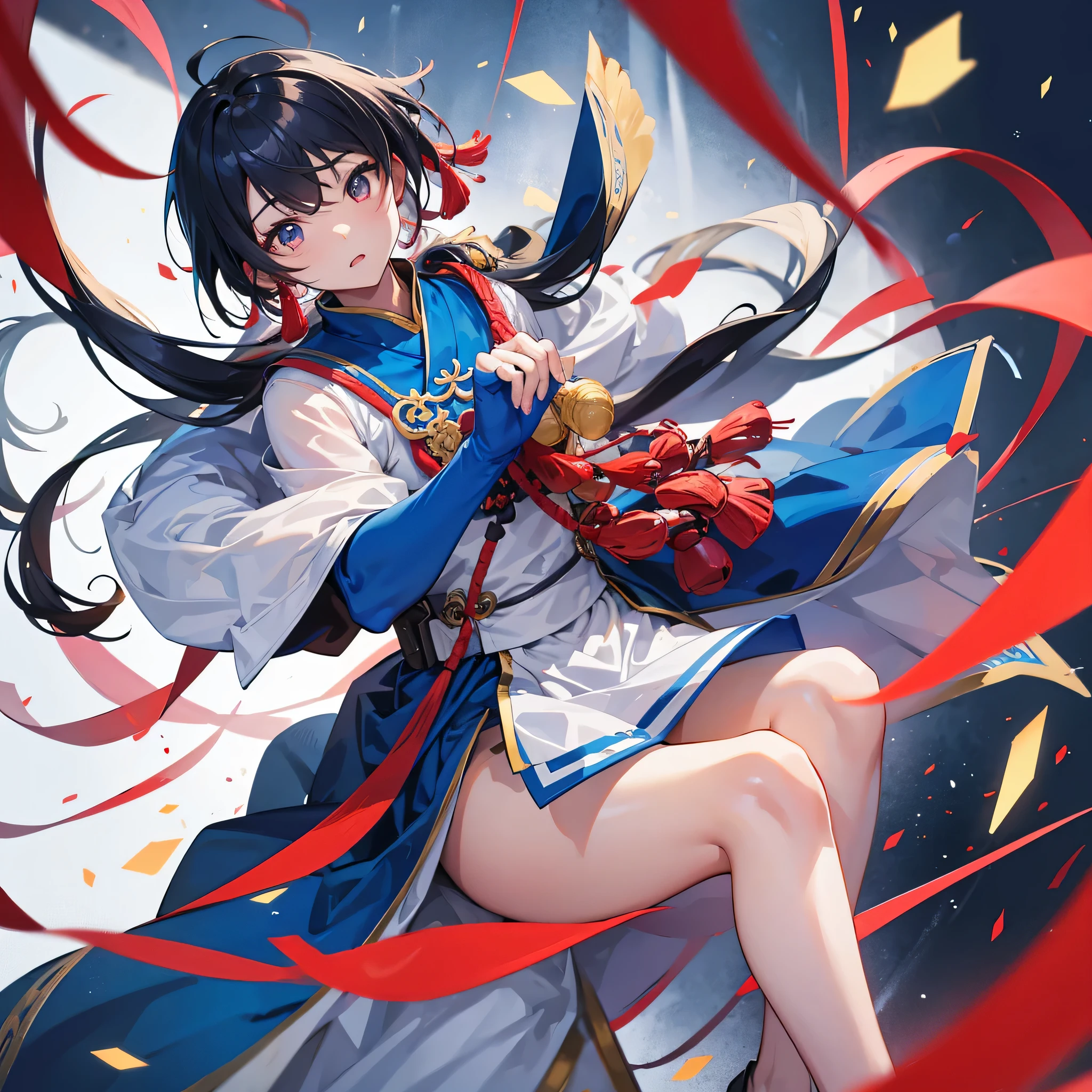 一位中式malejuvenile,(male),juvenile,Chinese fighter jet,Use red tassel gun,blue and white,zhao yun,((one person))