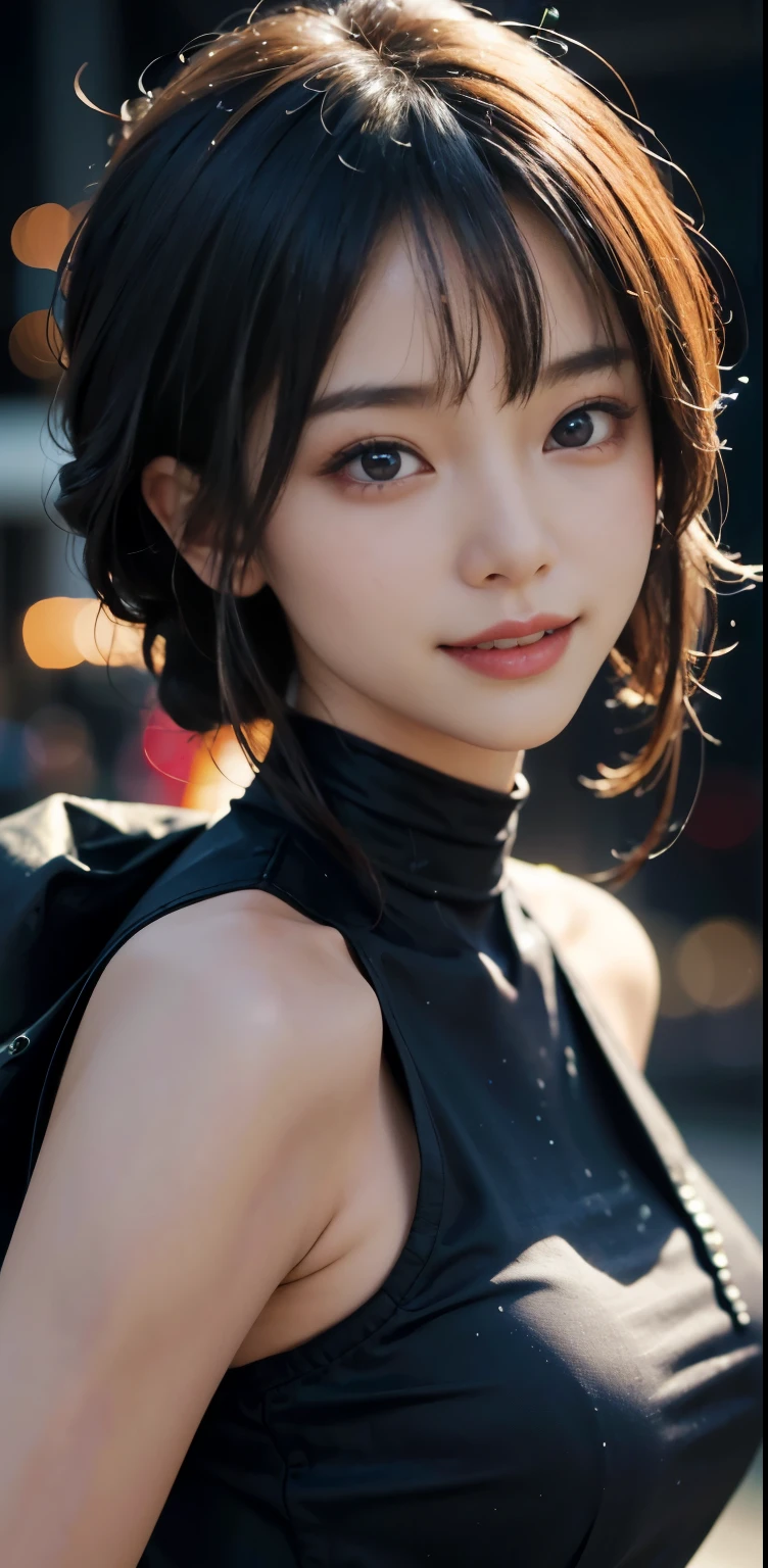 Masterpiece, 1 Beautiful Girl, Detailed, Swollen Eyes, Top Quality, Ultra High Resolution, (Reality: 1.4), Original Photo, 1Girl, Cinematic Lighting, Smiling, Japanese, Asian Beauty, Korean, Clean, Super Beautiful,  Young Face, Beautiful Skin, Slender, Cyberpunk Background, (ultra realistic), (high resolution), (8K), (very detailed), (best illustration), (beautifully detailed eyes), (super detailed), (wallpaper), (detailed face), viewer looking, fine detail, detailed face, pureerosfaceace_v1, smiling, 46 point slanted bangs, looking straight ahead, neat clothes, dark colored eyes, clothes sleeveless, body facing front,