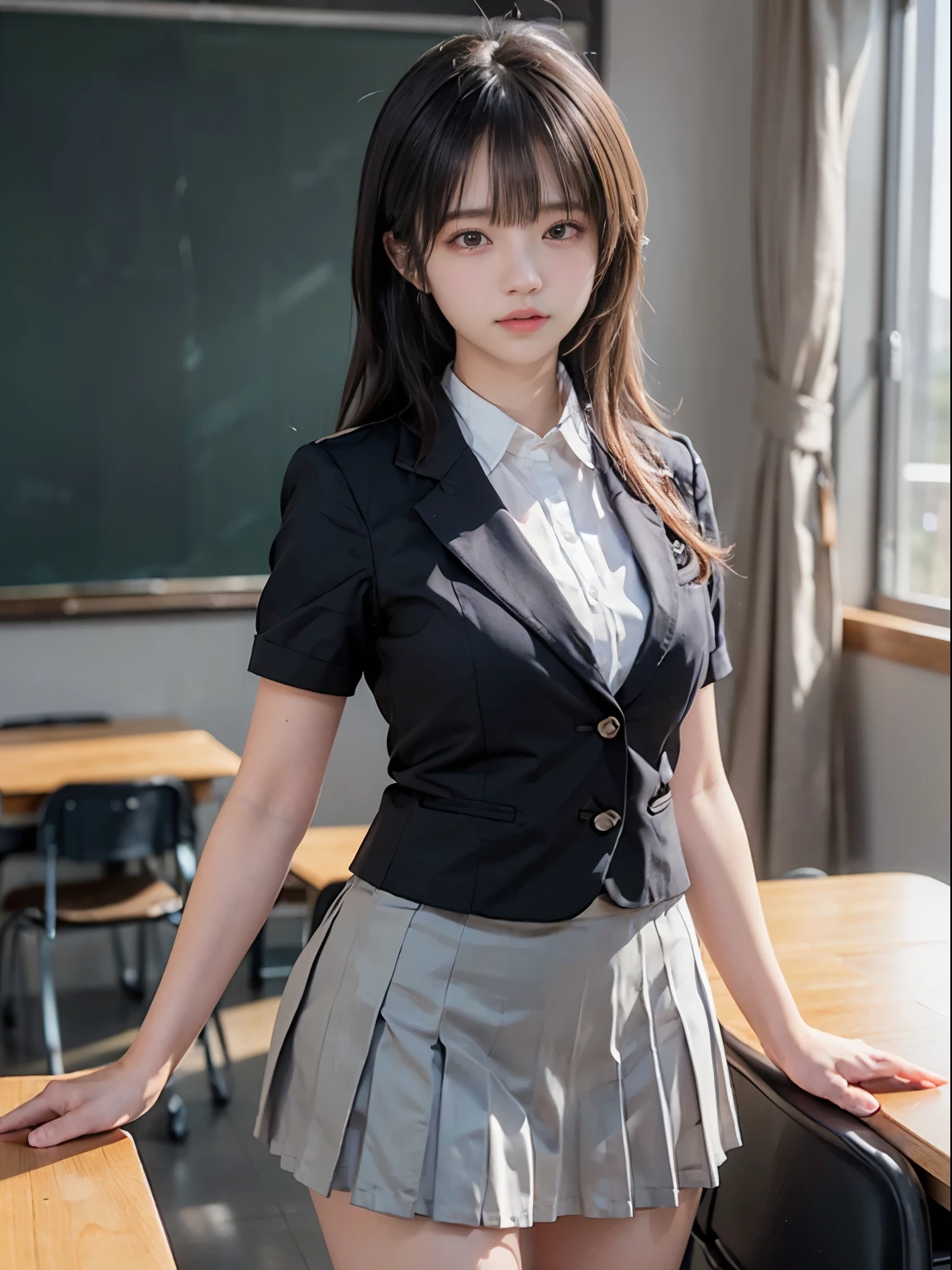8k, highest quality, The real picture, Intricate details, Very detailed, Ultra-high resolution, Depth Field,(Realistic,Realistic:1.2),Tabletop , Front shot , From the center , 1 girl, eye_Chan, Very beautiful 17 year old girl, 無邪気な大きなeye,、Beautiful breasts:1.5、Very detailedなeye:1.2)、(Beautiful breasts:1.1)、Twin tails、, Perfect Skin, Fair skin, Huge breasts, She caresses her breasts through her clothes.、Bad mood、Angry face、Cleavage, Tight waist, Lightly reddish, alone, Staring at the audience,  ((School_uniform),(Dark Blue Blazer), (White shirt、Wear a tie), (Grey pleated skirt), (Sculptural installation :1.1)