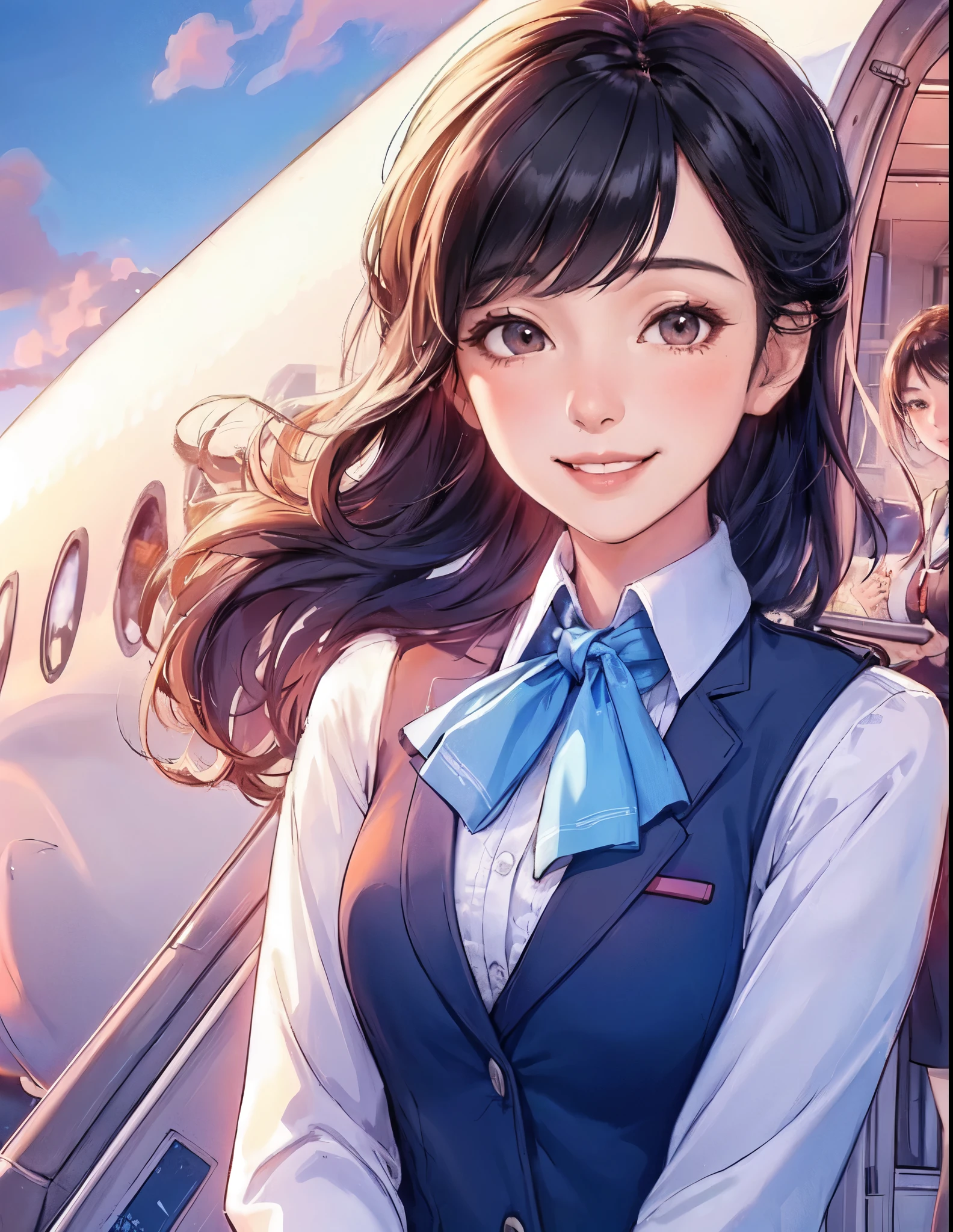 1lady solo, stewardess, (stewardess uniform), mature female, /(black hair/) bangs, blush kind smile, (teeth:0.8), (masterpiece best quality:1.2) ultra-detailed, large breasts BREAK (airport outdoors), airplane, at dusk, sky